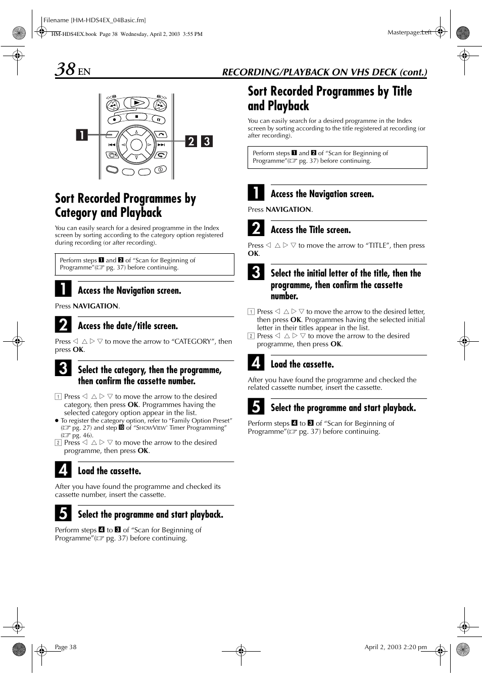 Sort recorded programmes by category and playback, Sort recorded programmes by title and playback | JVC ENLPT0736-001B User Manual | Page 38 / 104