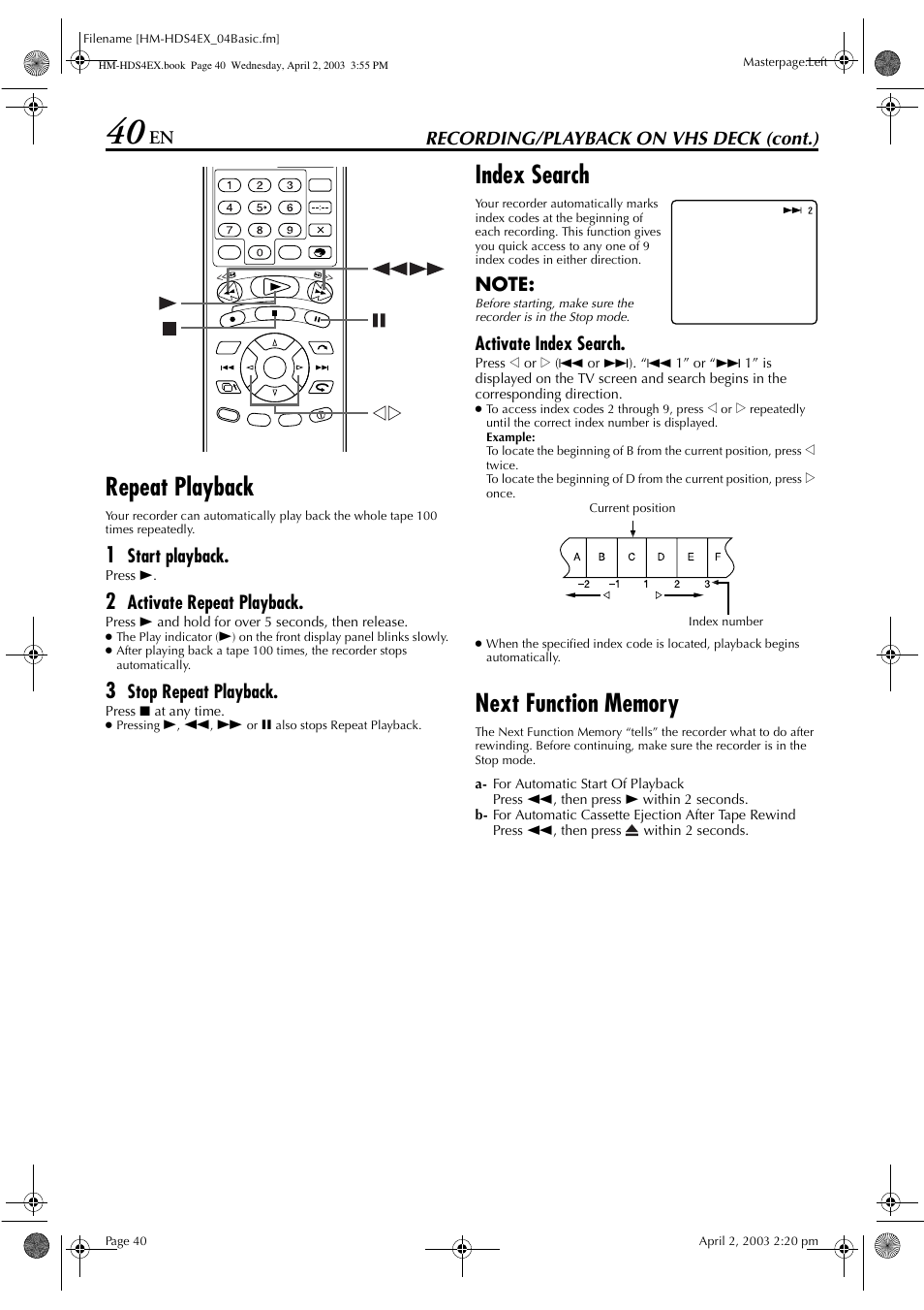 Repeat playback, Index search, Recording/playback on vhs deck (cont.) | Start playback, Activate repeat playback, Stop repeat playback, Activate index search | JVC ENLPT0736-001B User Manual | Page 40 / 104