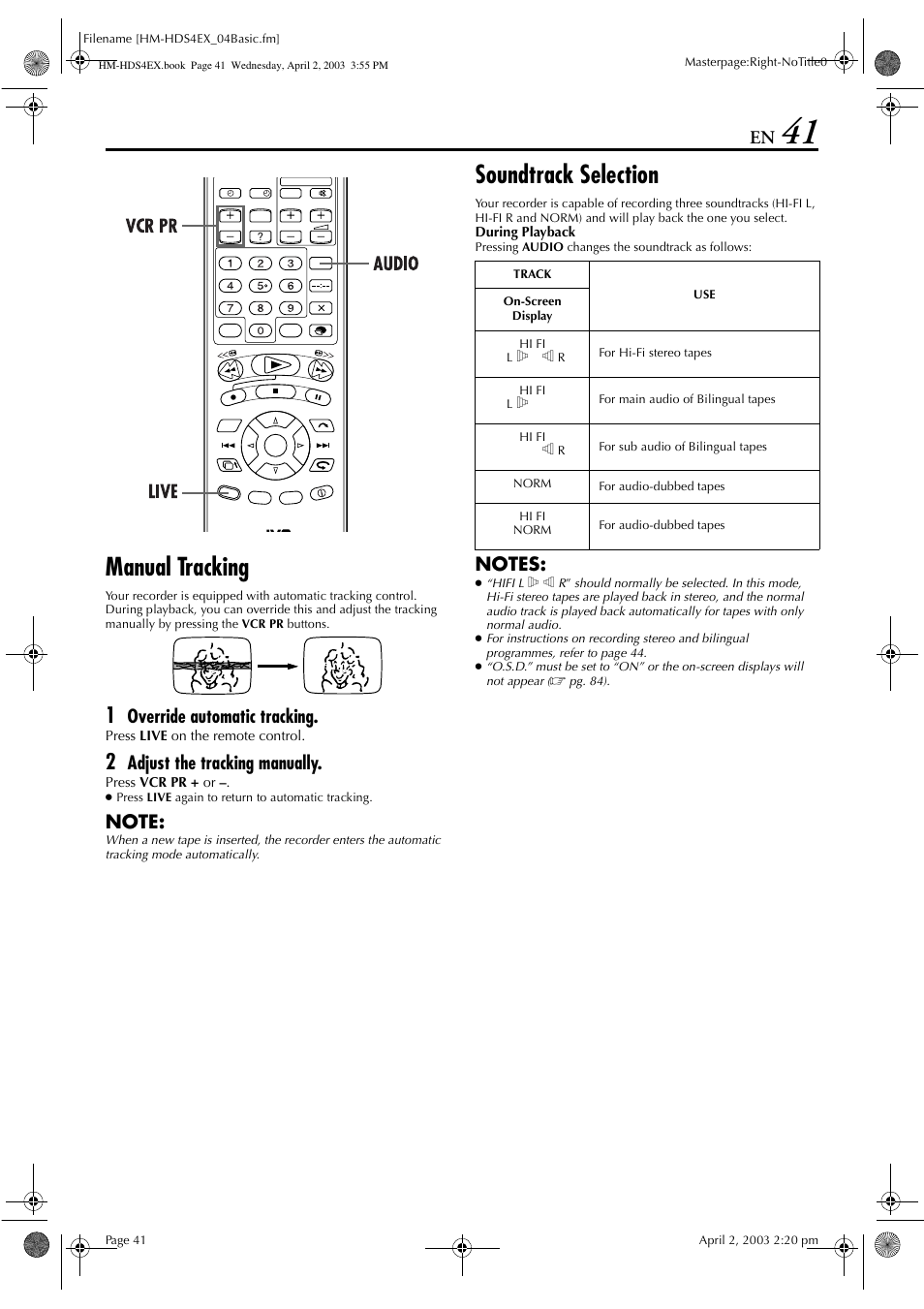 Manual tracking, Soundtrack selection, Override automatic tracking | Adjust the tracking manually | JVC ENLPT0736-001B User Manual | Page 41 / 104