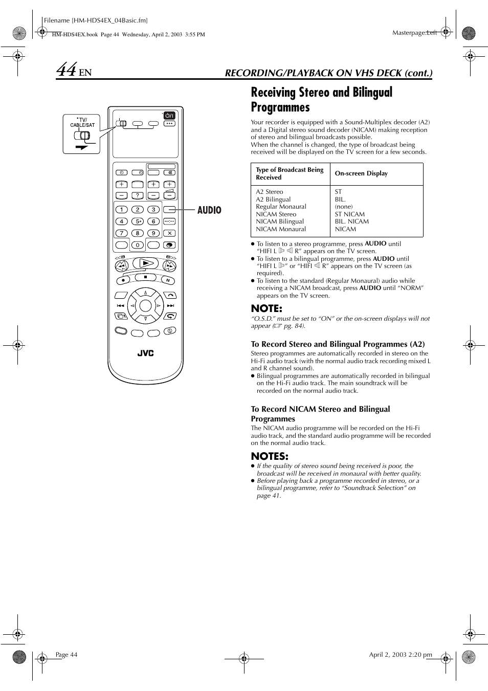 Receiving stereo and bilingual programmes, Recording/playback on vhs deck (cont.) | JVC ENLPT0736-001B User Manual | Page 44 / 104