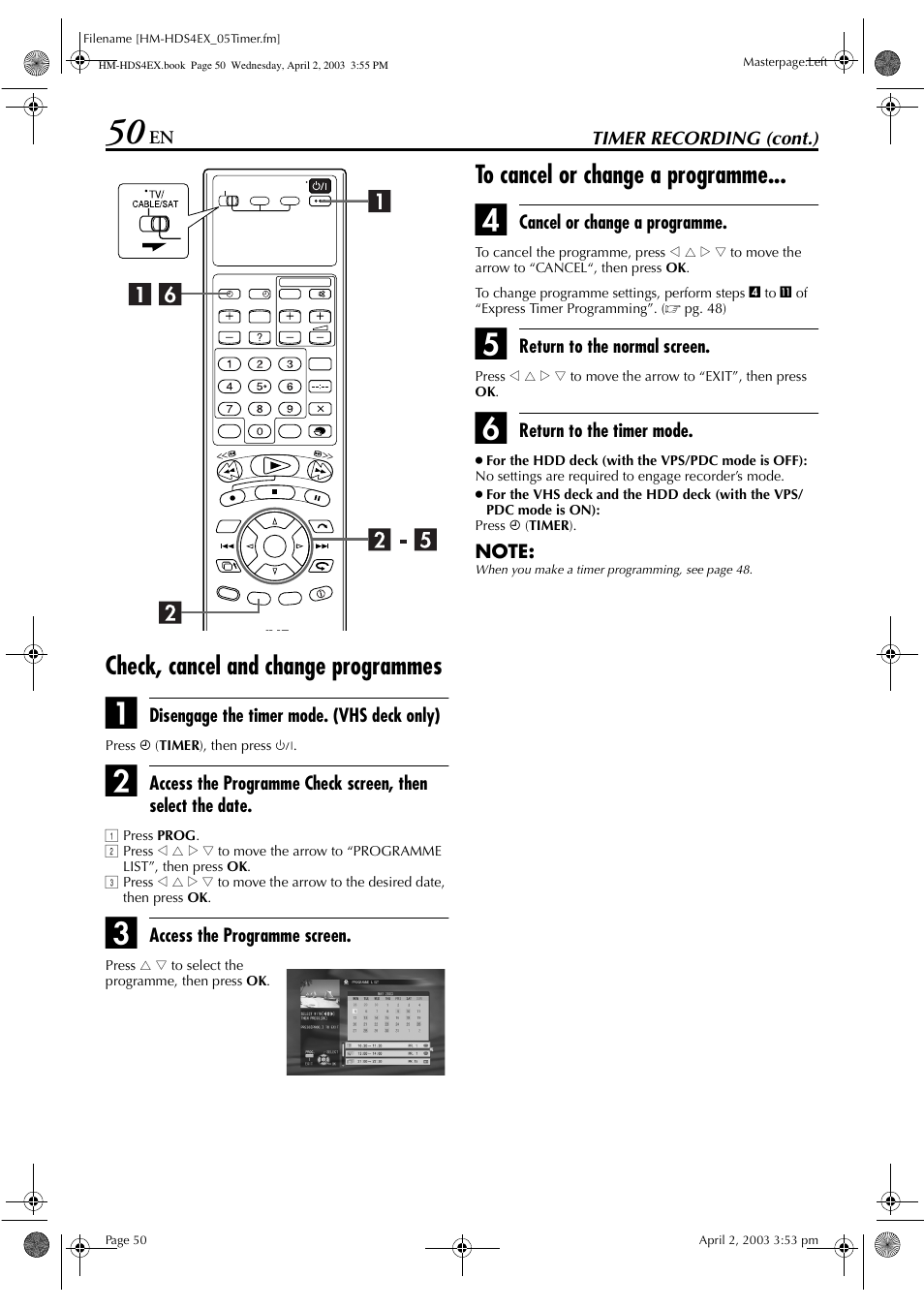 Check, cancel and change programmes | JVC ENLPT0736-001B User Manual | Page 50 / 104