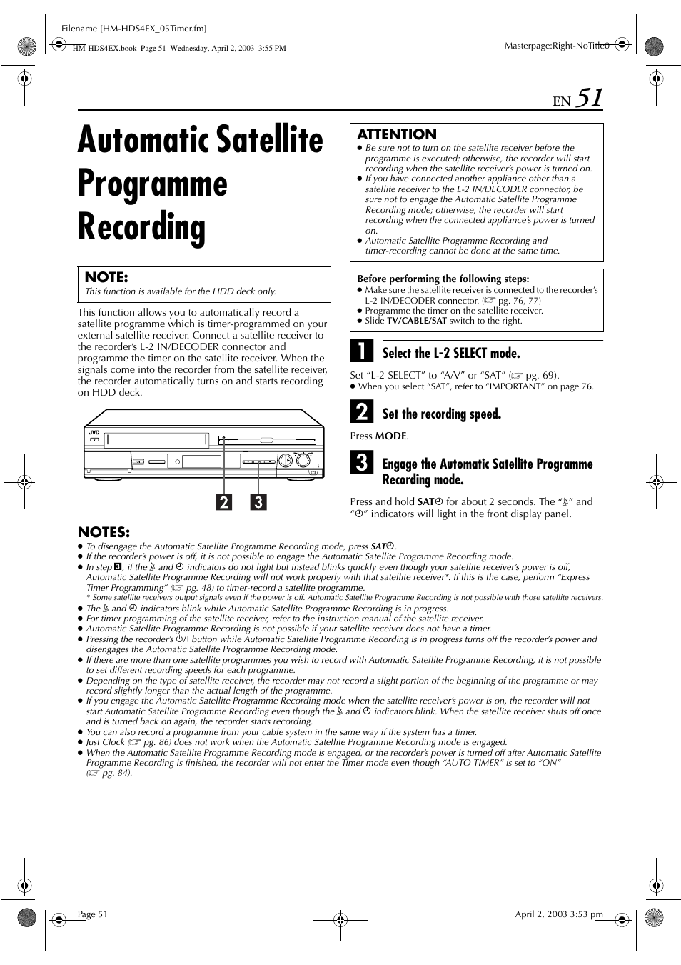 Automatic satellite programme recording, Select the l-2 select mode, Set the recording speed | Attention | JVC ENLPT0736-001B User Manual | Page 51 / 104