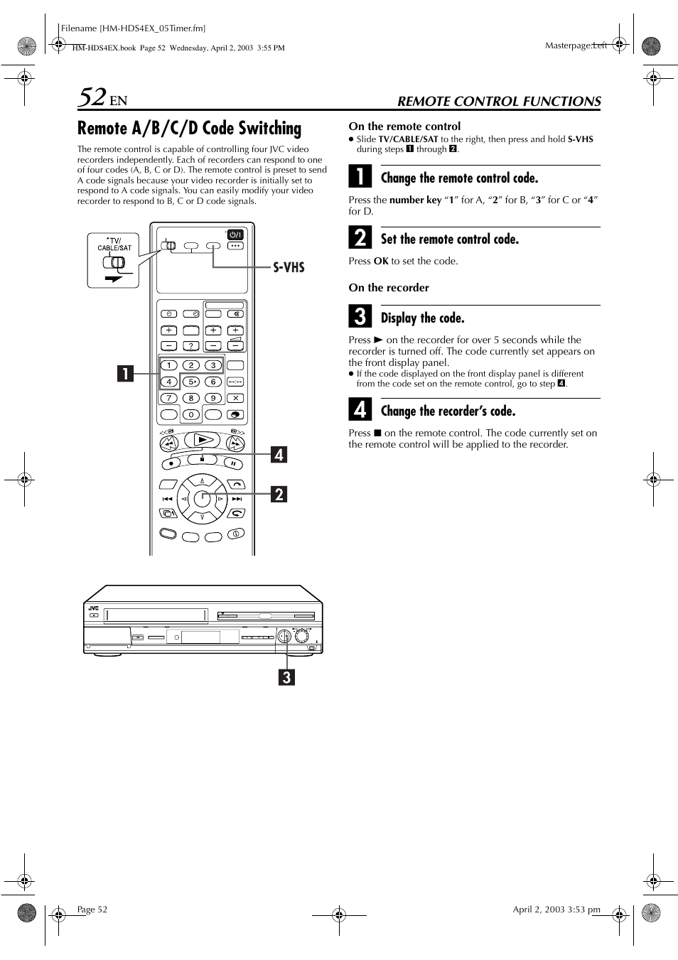 Remote control functions, Remote a/b/c/d code switching | JVC ENLPT0736-001B User Manual | Page 52 / 104