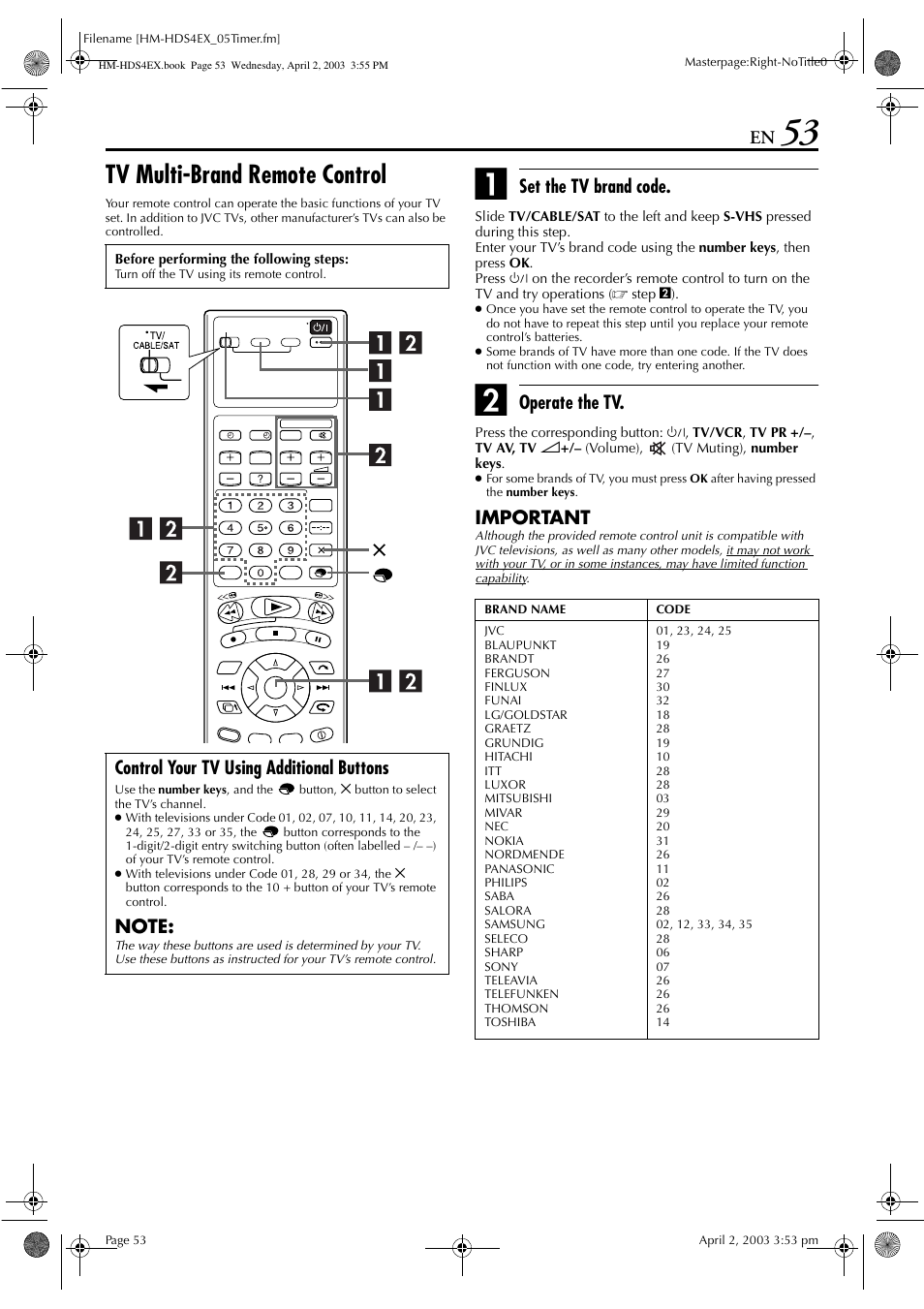 Tv multi-brand remote control, Set the tv brand code, Operate the tv | Important, Control your tv using additional buttons | JVC ENLPT0736-001B User Manual | Page 53 / 104