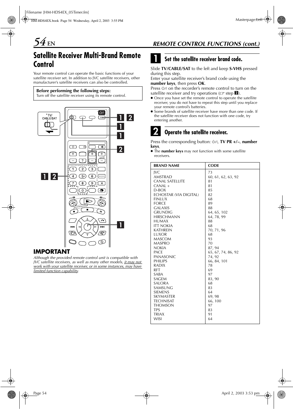 Satellite receiver multi-brand remote control | JVC ENLPT0736-001B User Manual | Page 54 / 104