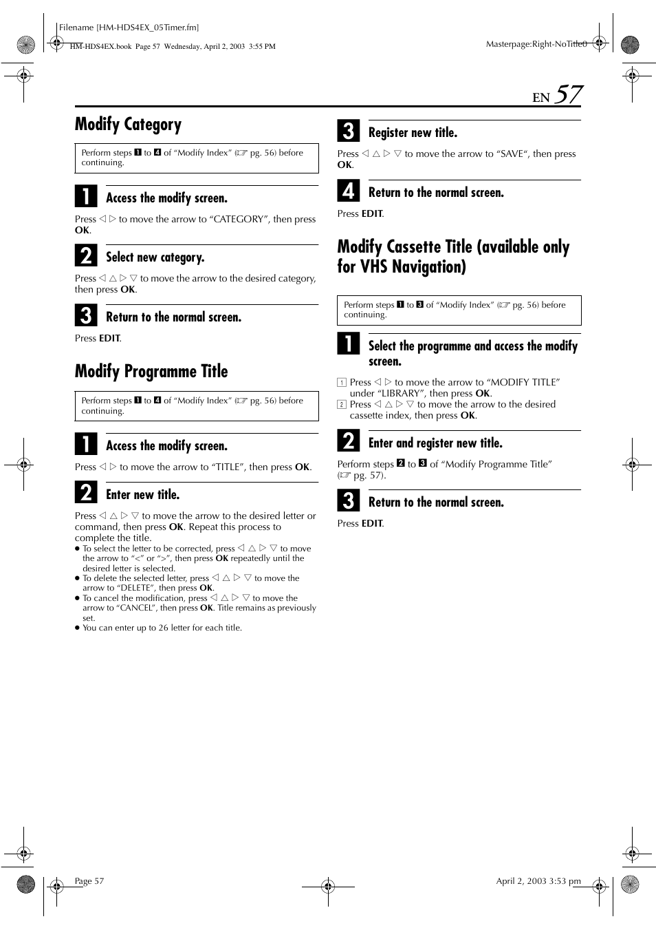 Modify category, Modify programme title | JVC ENLPT0736-001B User Manual | Page 57 / 104