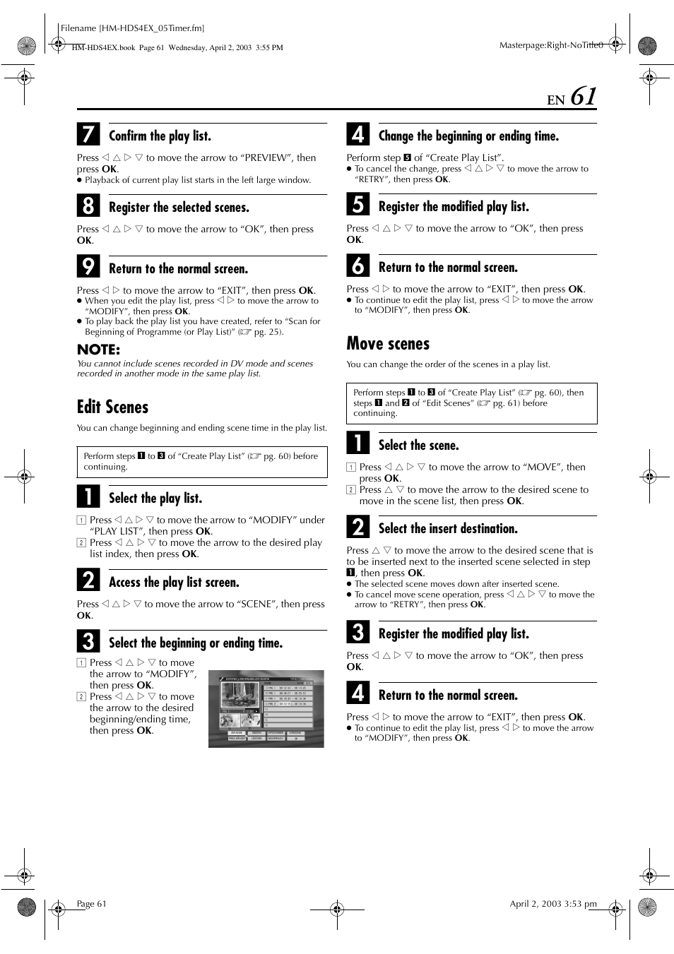 Edit scenes, Move scenes, Confirm the play list | Register the selected scenes, Return to the normal screen, Select the play list, Access the play list screen, Select the beginning or ending time, Change the beginning or ending time, Register the modified play list | JVC ENLPT0736-001B User Manual | Page 61 / 104