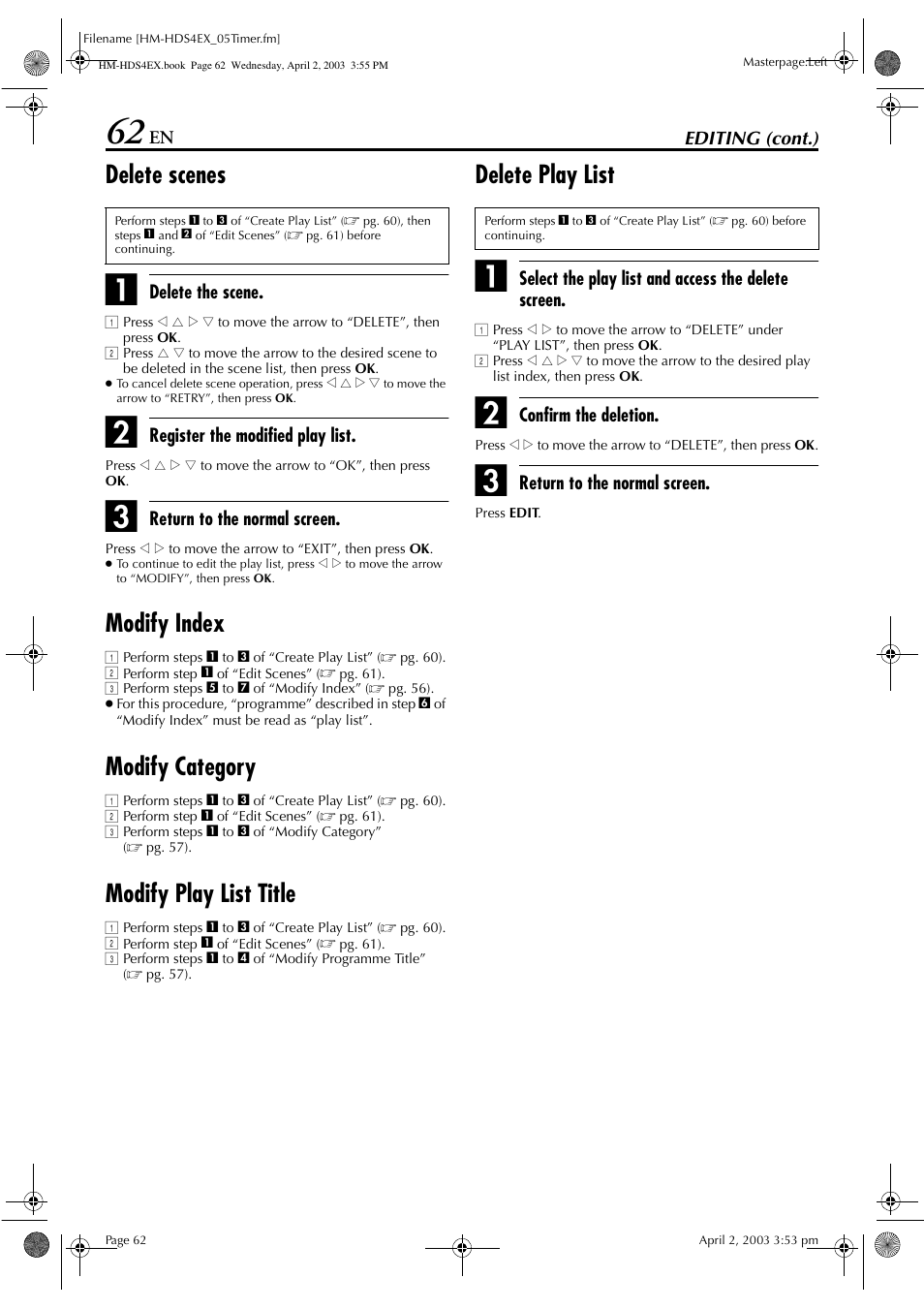 Delete scenes, Modify index, Modify category | Modify play list title, Delete play list | JVC ENLPT0736-001B User Manual | Page 62 / 104