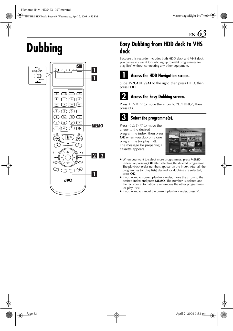 Dubbing, Easy dubbing from hdd deck to vhs deck | JVC ENLPT0736-001B User Manual | Page 63 / 104