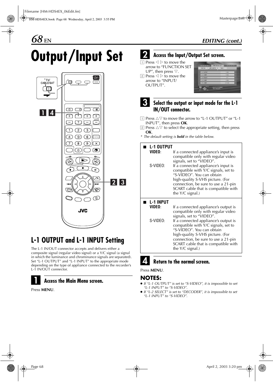 Output/input set, L-1 output and l-1 input setting | JVC ENLPT0736-001B User Manual | Page 68 / 104