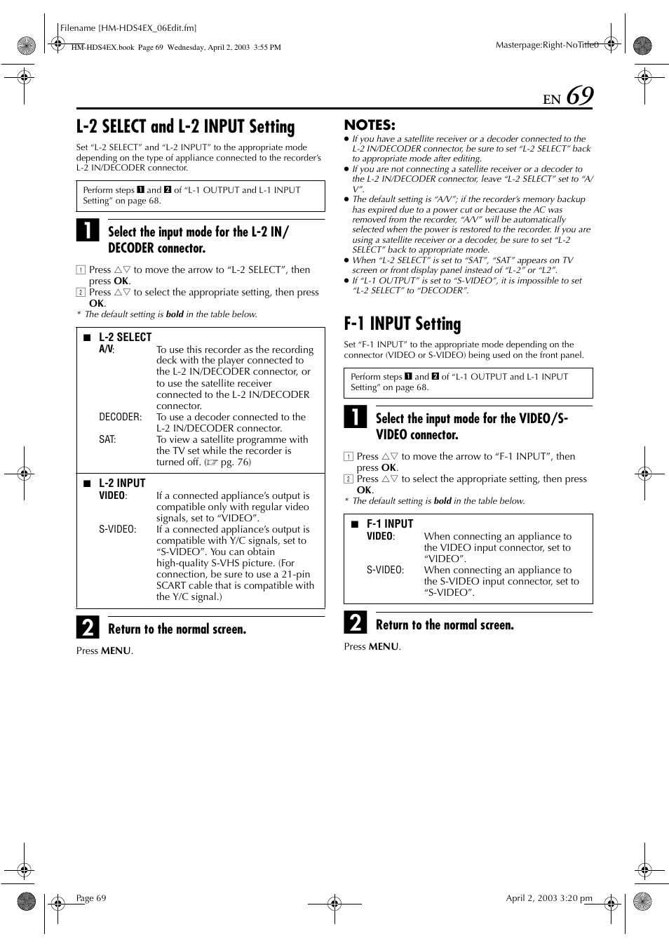 L-2 select and l-2 input setting, F-1 input setting | JVC ENLPT0736-001B User Manual | Page 69 / 104