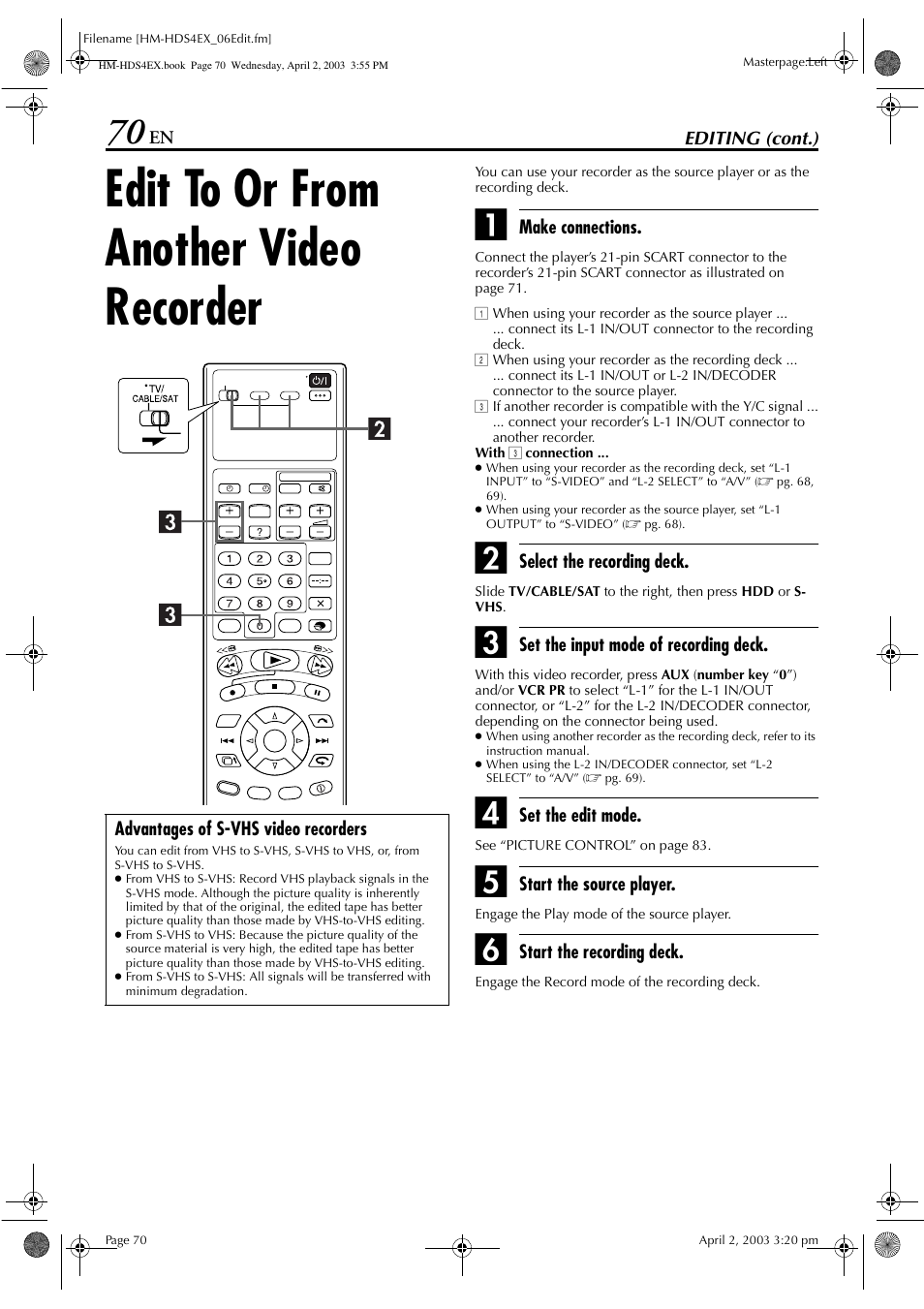 Edit to or from another video recorder | JVC ENLPT0736-001B User Manual | Page 70 / 104