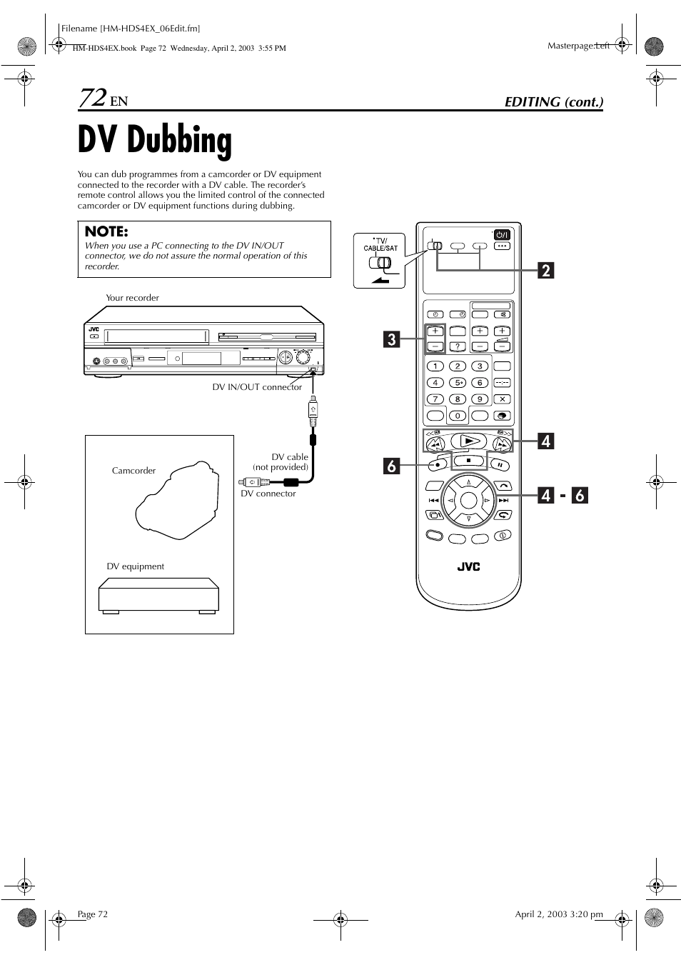 Dv dubbing | JVC ENLPT0736-001B User Manual | Page 72 / 104