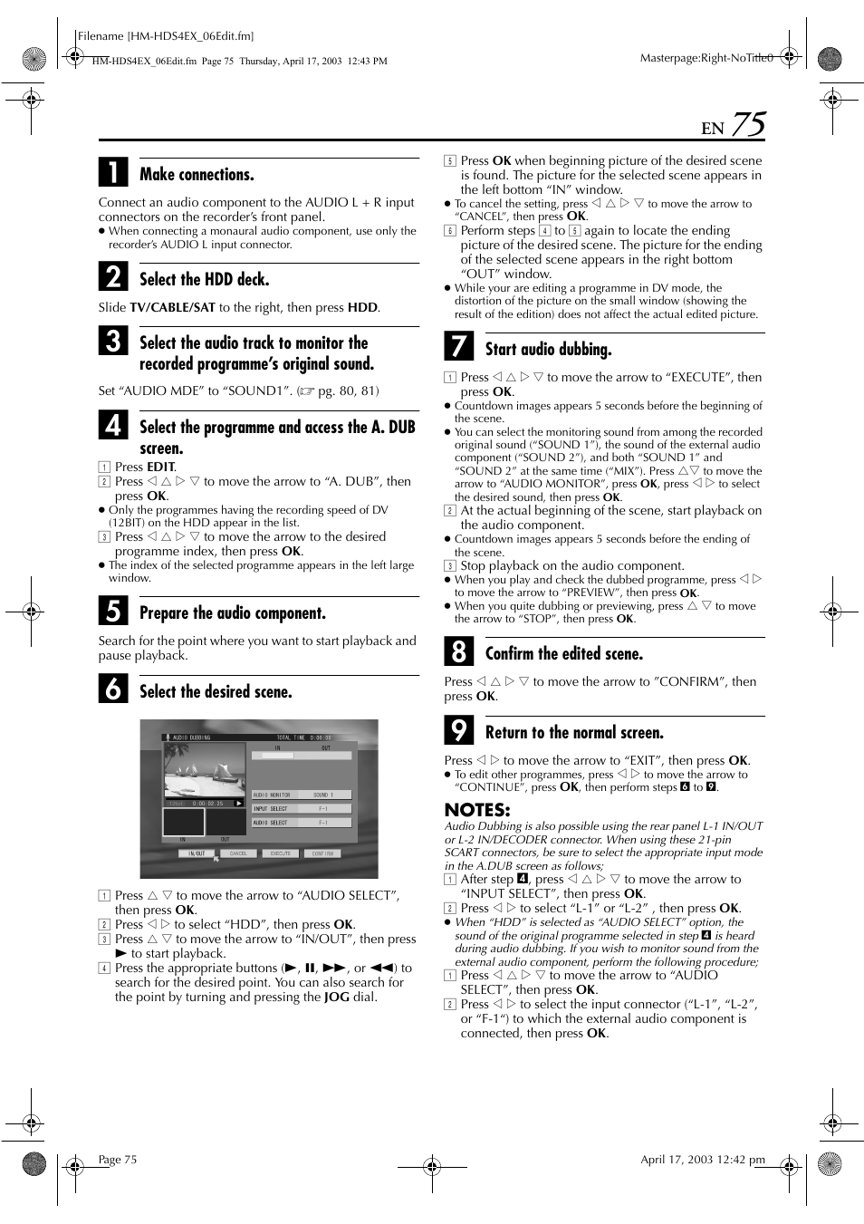 Make connections, Select the hdd deck, Select the programme and access the a. dub screen | Prepare the audio component, Select the desired scene, Start audio dubbing, Confirm the edited scene, Return to the normal screen | JVC ENLPT0736-001B User Manual | Page 75 / 104