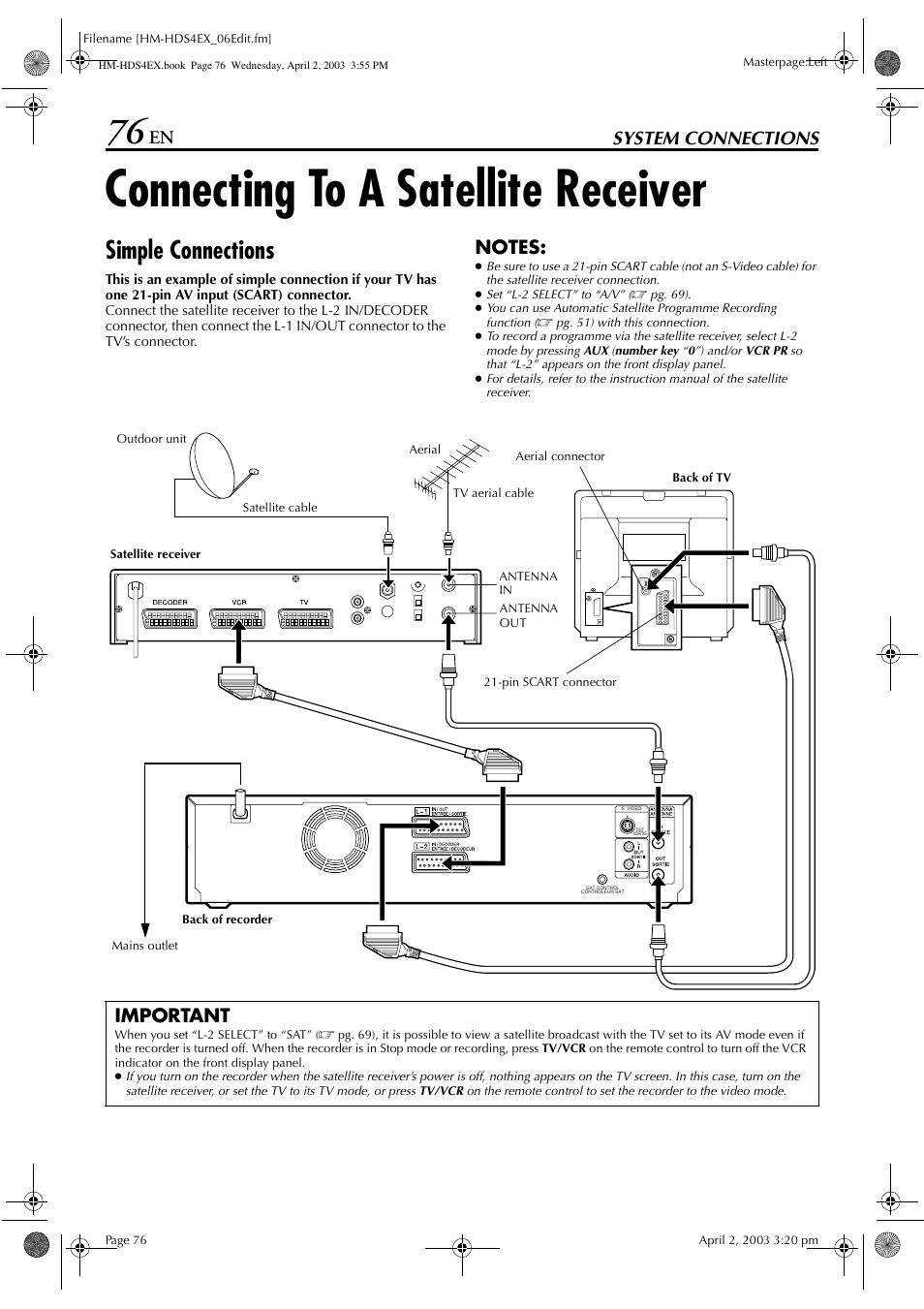 System connections, Connecting to a satellite receiver, Simple connections | Important | JVC ENLPT0736-001B User Manual | Page 76 / 104