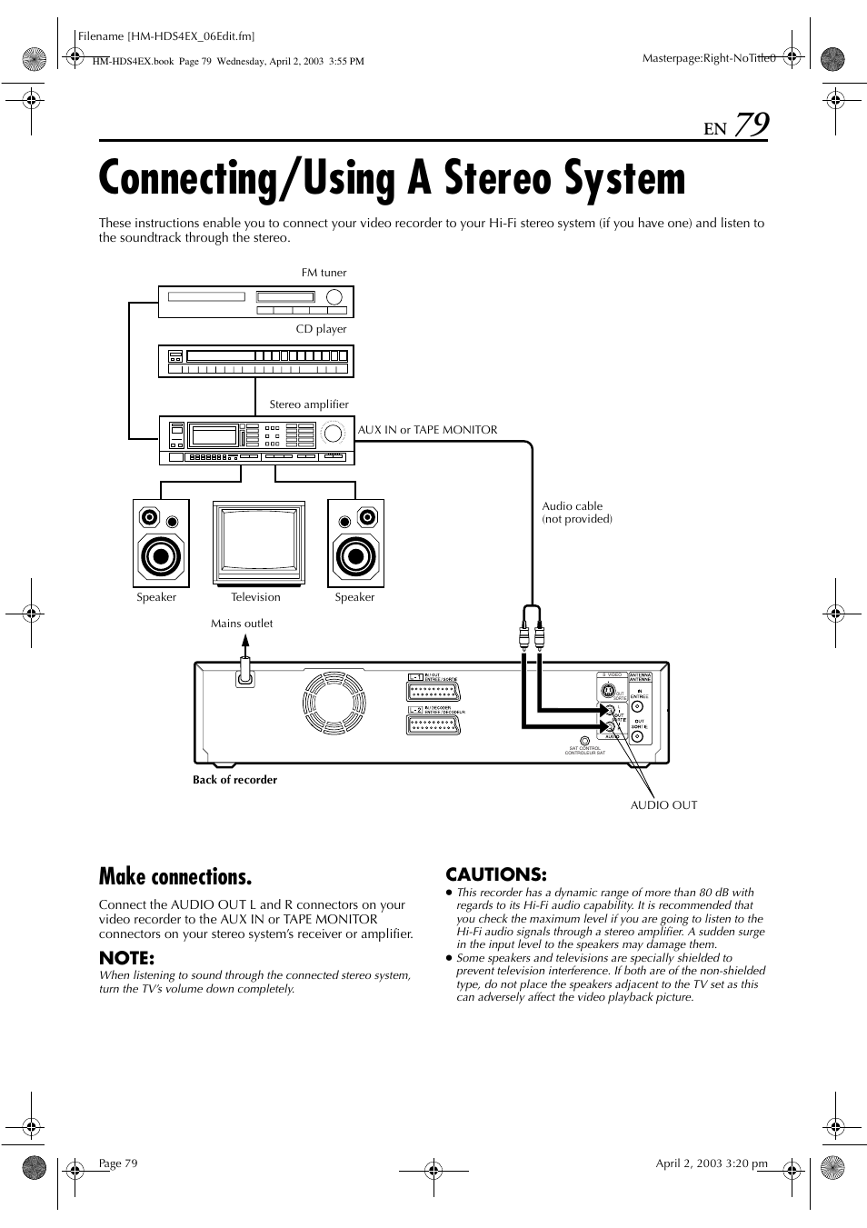 Connecting/using a stereo system, Make connections, Cautions | JVC ENLPT0736-001B User Manual | Page 79 / 104