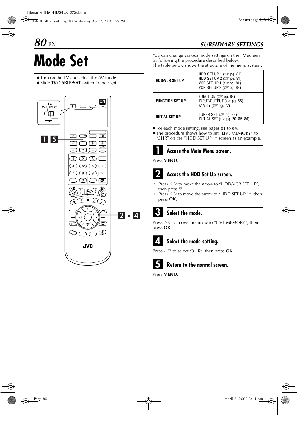 Subsidiary settings, Mode set | JVC ENLPT0736-001B User Manual | Page 80 / 104