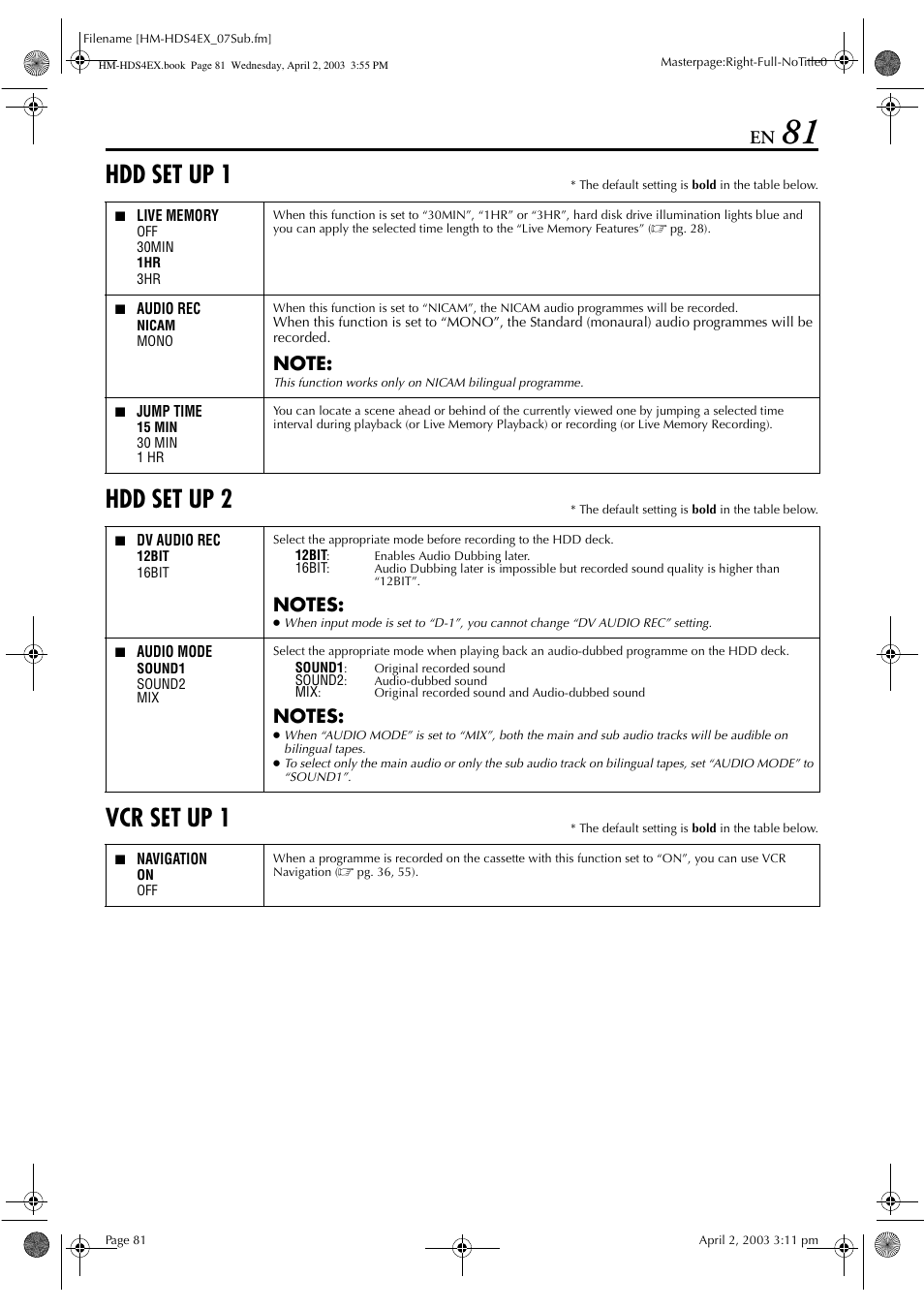 Hdd set up 1, Hdd set up 2, Vcr set up 1 | JVC ENLPT0736-001B User Manual | Page 81 / 104