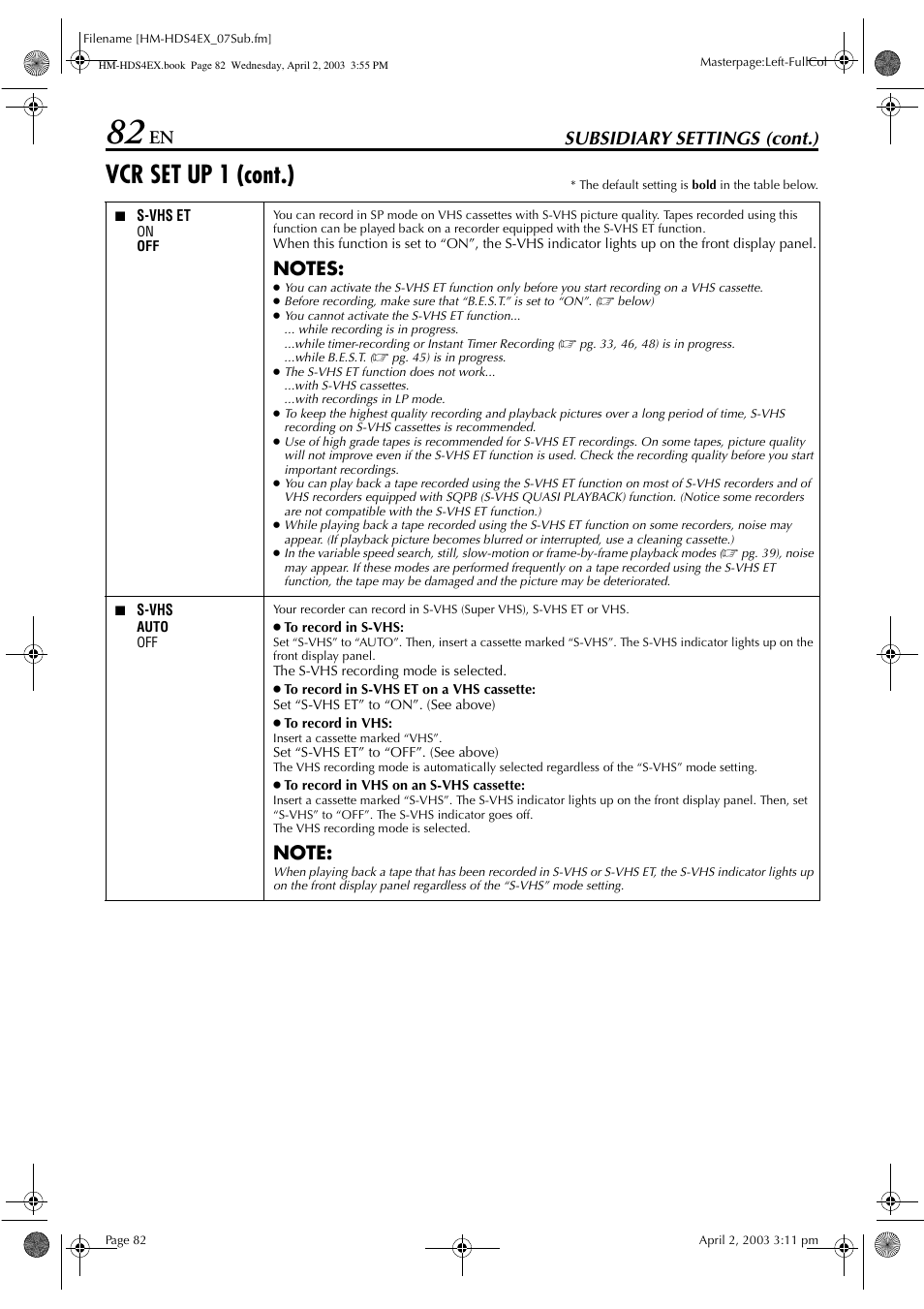 Vcr set up 1 (cont.), Subsidiary settings (cont.) | JVC ENLPT0736-001B User Manual | Page 82 / 104