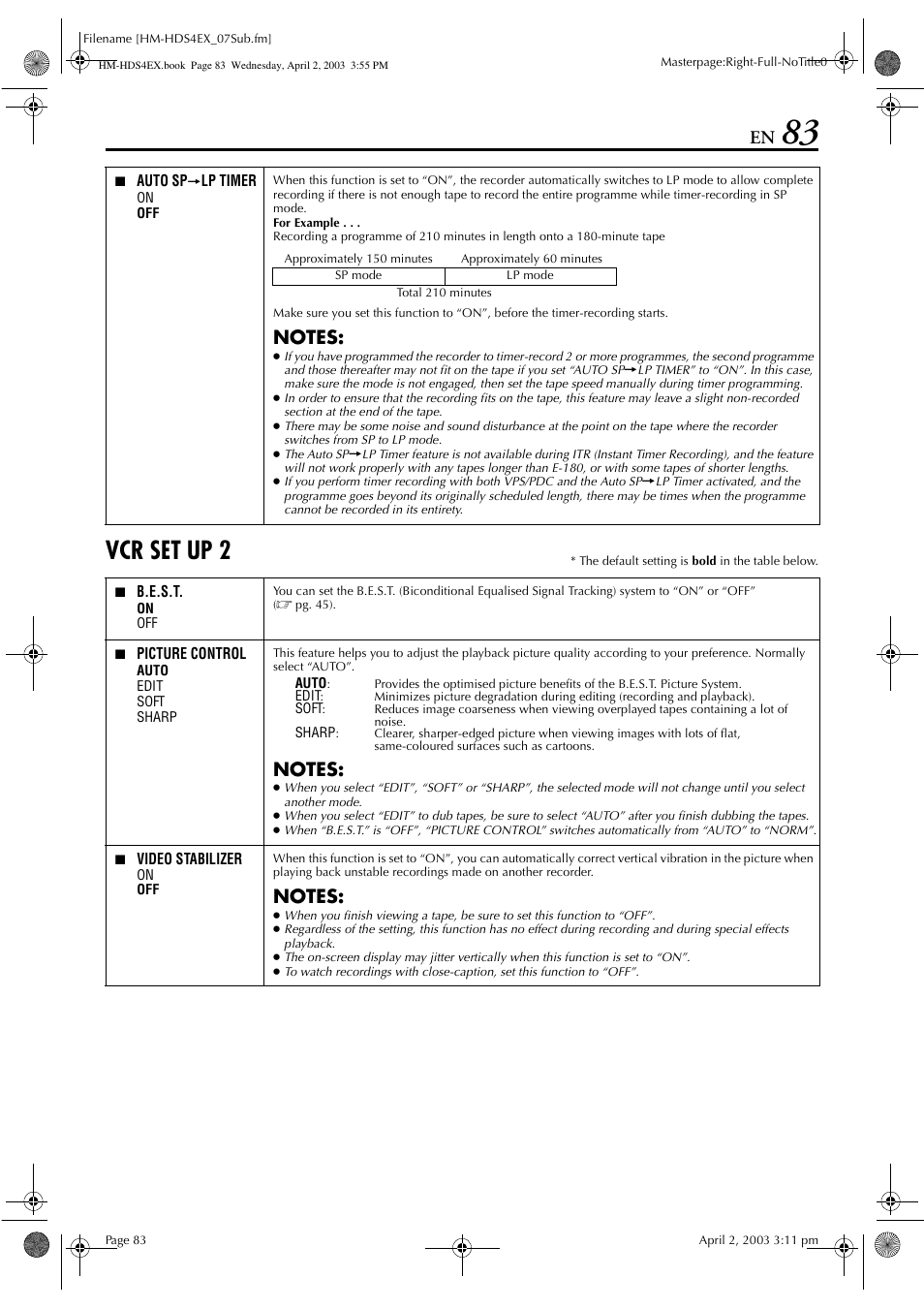 Vcr set up 2 | JVC ENLPT0736-001B User Manual | Page 83 / 104