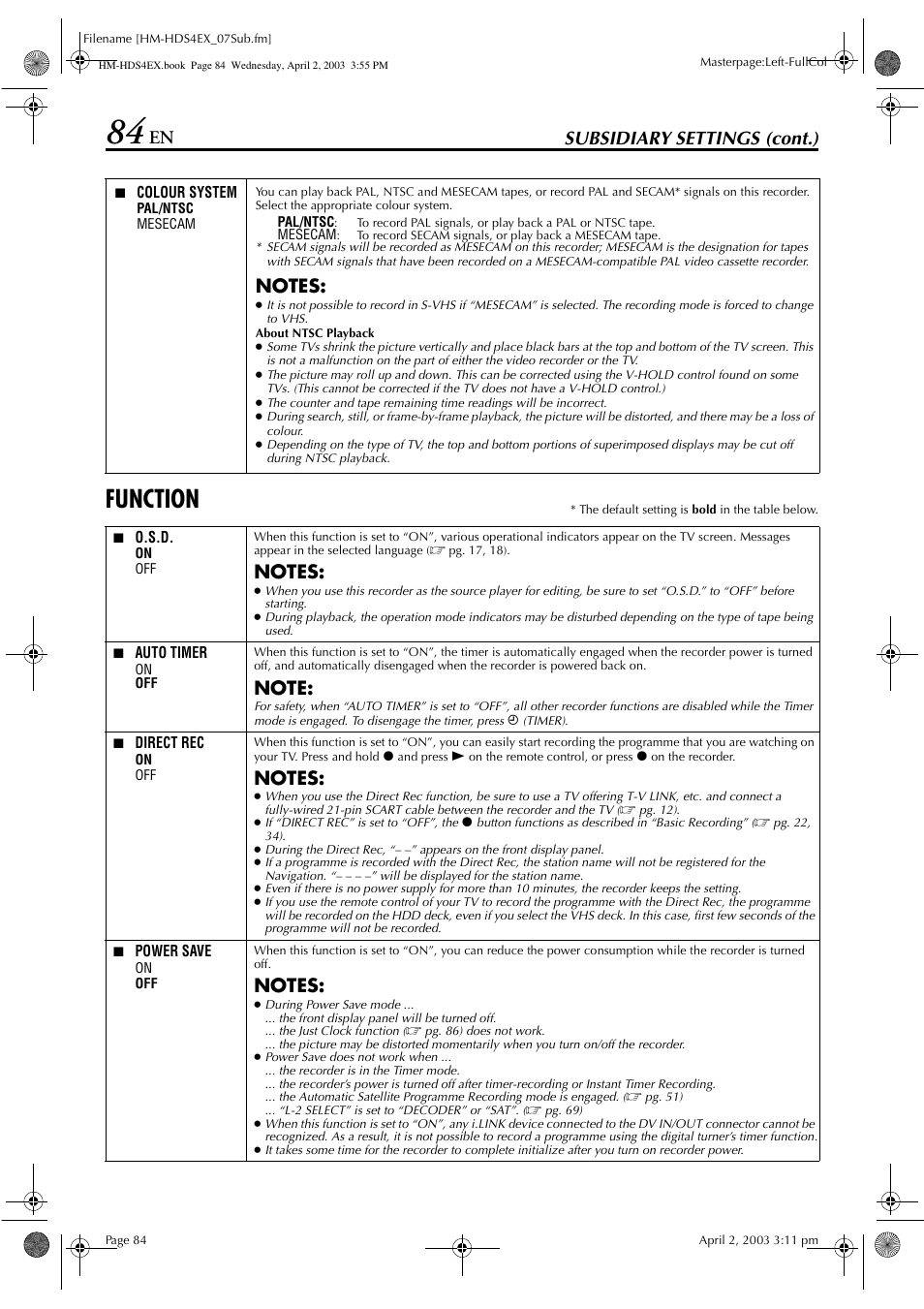 Function, Subsidiary settings (cont.) | JVC ENLPT0736-001B User Manual | Page 84 / 104