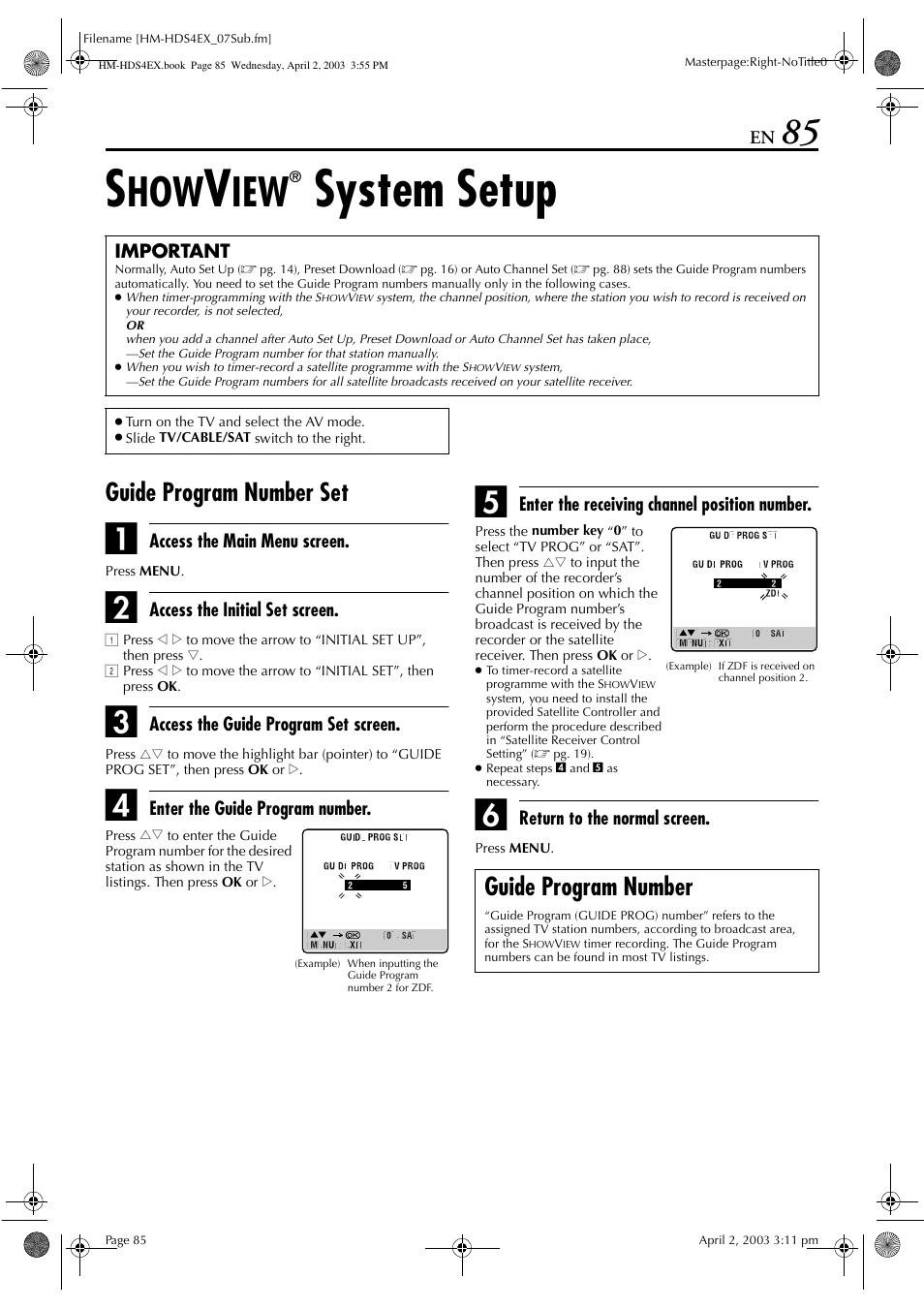 System setup, Guide program number set, Guide program number | JVC ENLPT0736-001B User Manual | Page 85 / 104