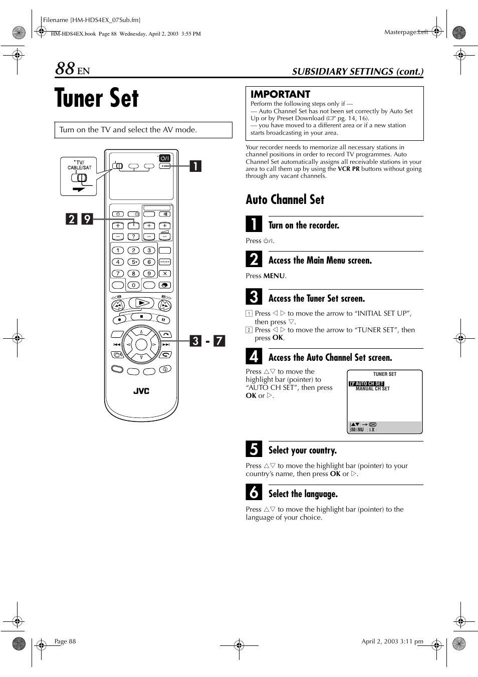 Tuner set, Auto channel set | JVC ENLPT0736-001B User Manual | Page 88 / 104