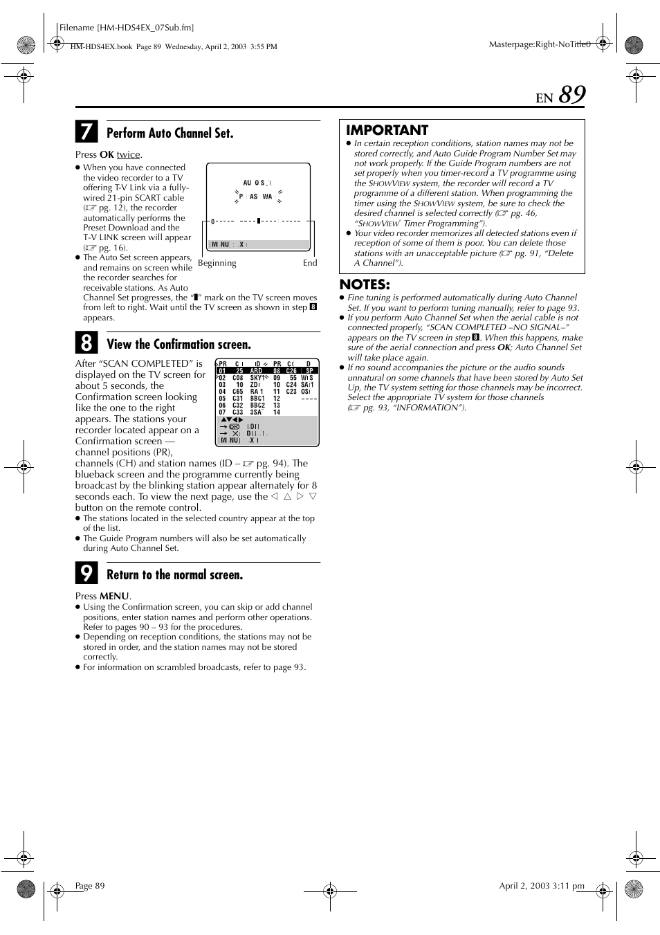 Perform auto channel set, View the confirmation screen, Return to the normal screen | Important | JVC ENLPT0736-001B User Manual | Page 89 / 104