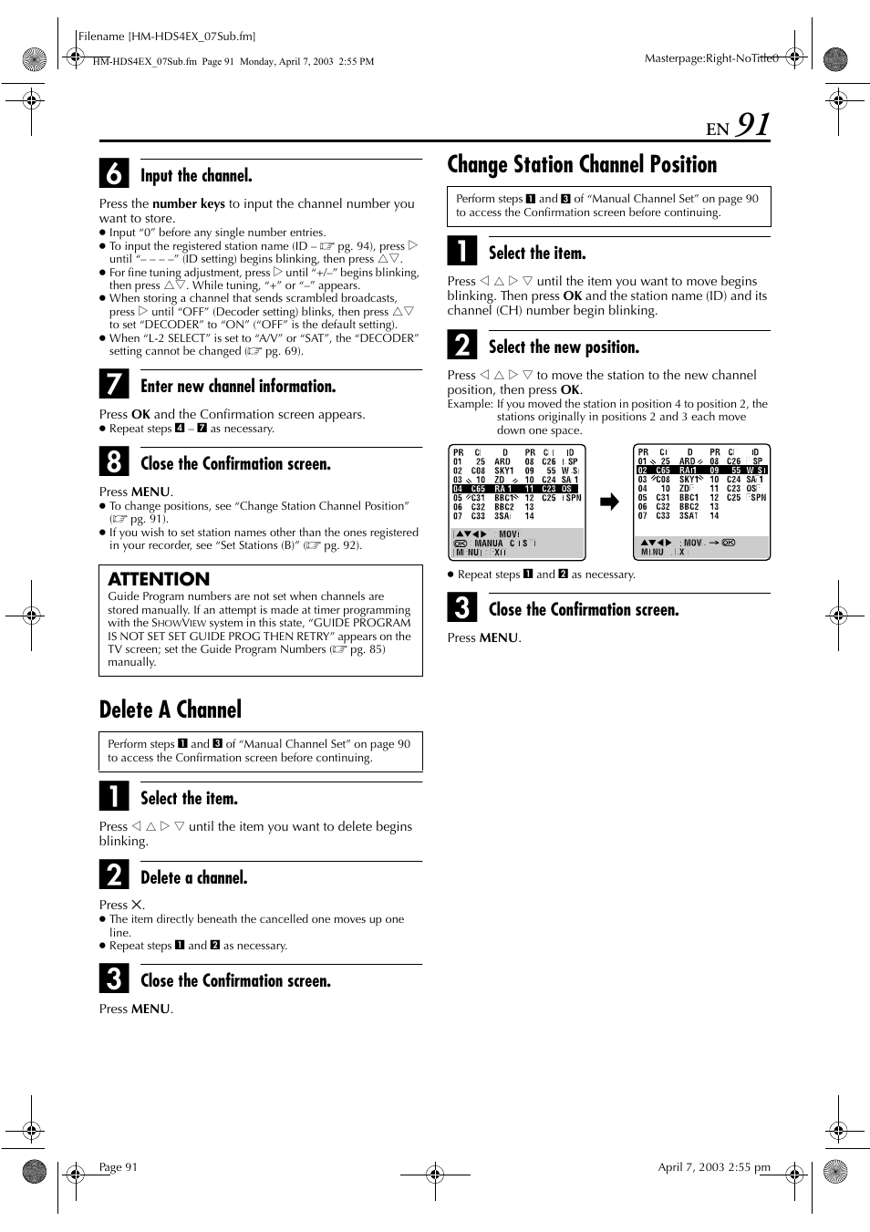 Delete a channel, Change station channel position | JVC ENLPT0736-001B User Manual | Page 91 / 104