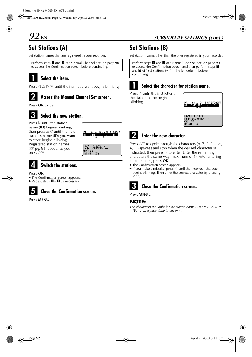 Set stations (a), Set stations (b) | JVC ENLPT0736-001B User Manual | Page 92 / 104