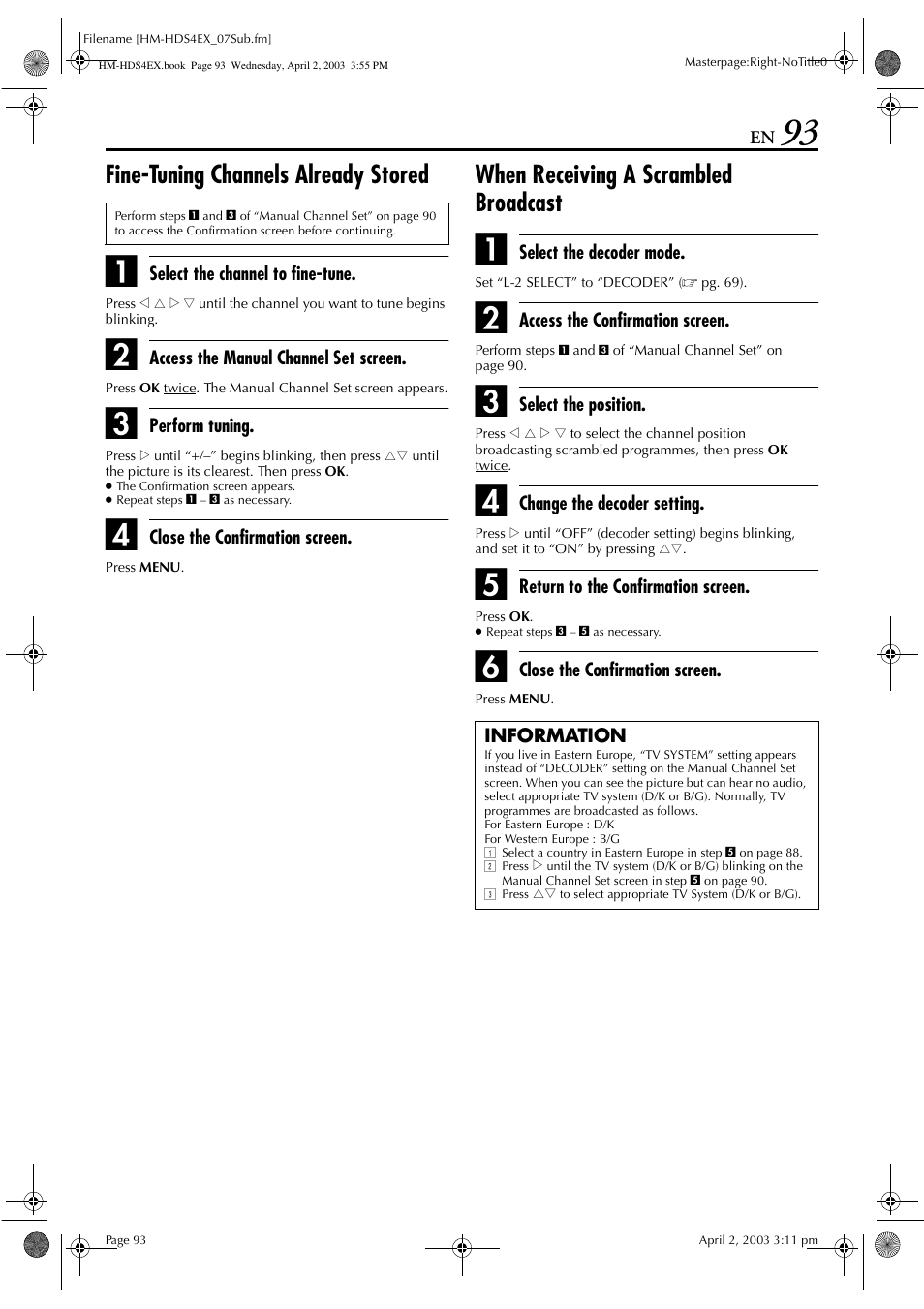 Fine-tuning channels already stored, When receiving a scrambled broadcast | JVC ENLPT0736-001B User Manual | Page 93 / 104