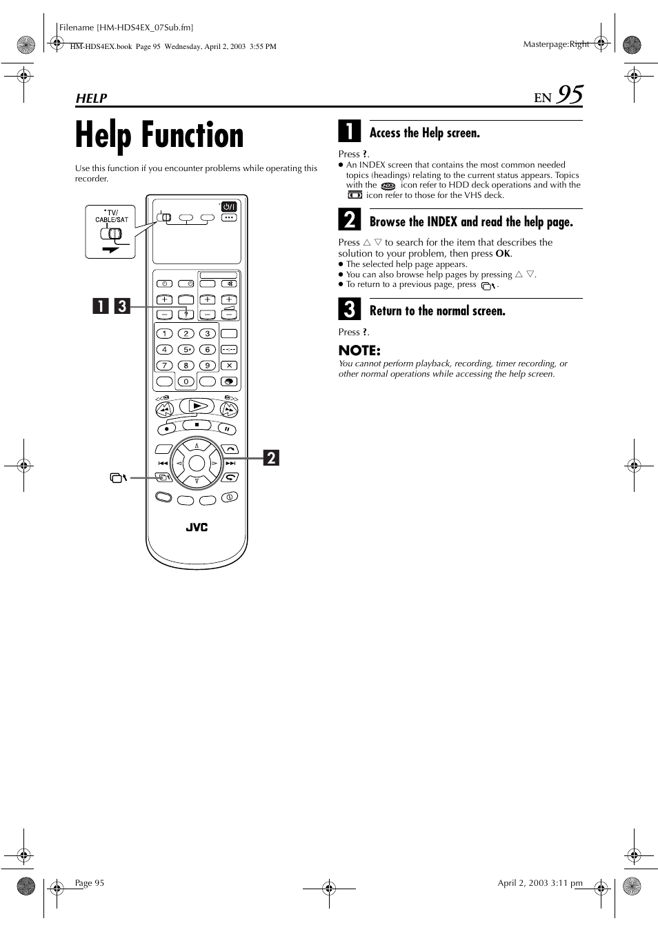 Help, Help function | JVC ENLPT0736-001B User Manual | Page 95 / 104