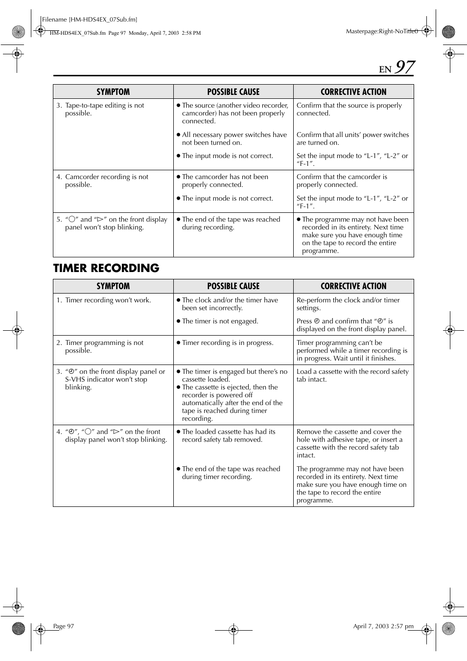 Timer recording | JVC ENLPT0736-001B User Manual | Page 97 / 104