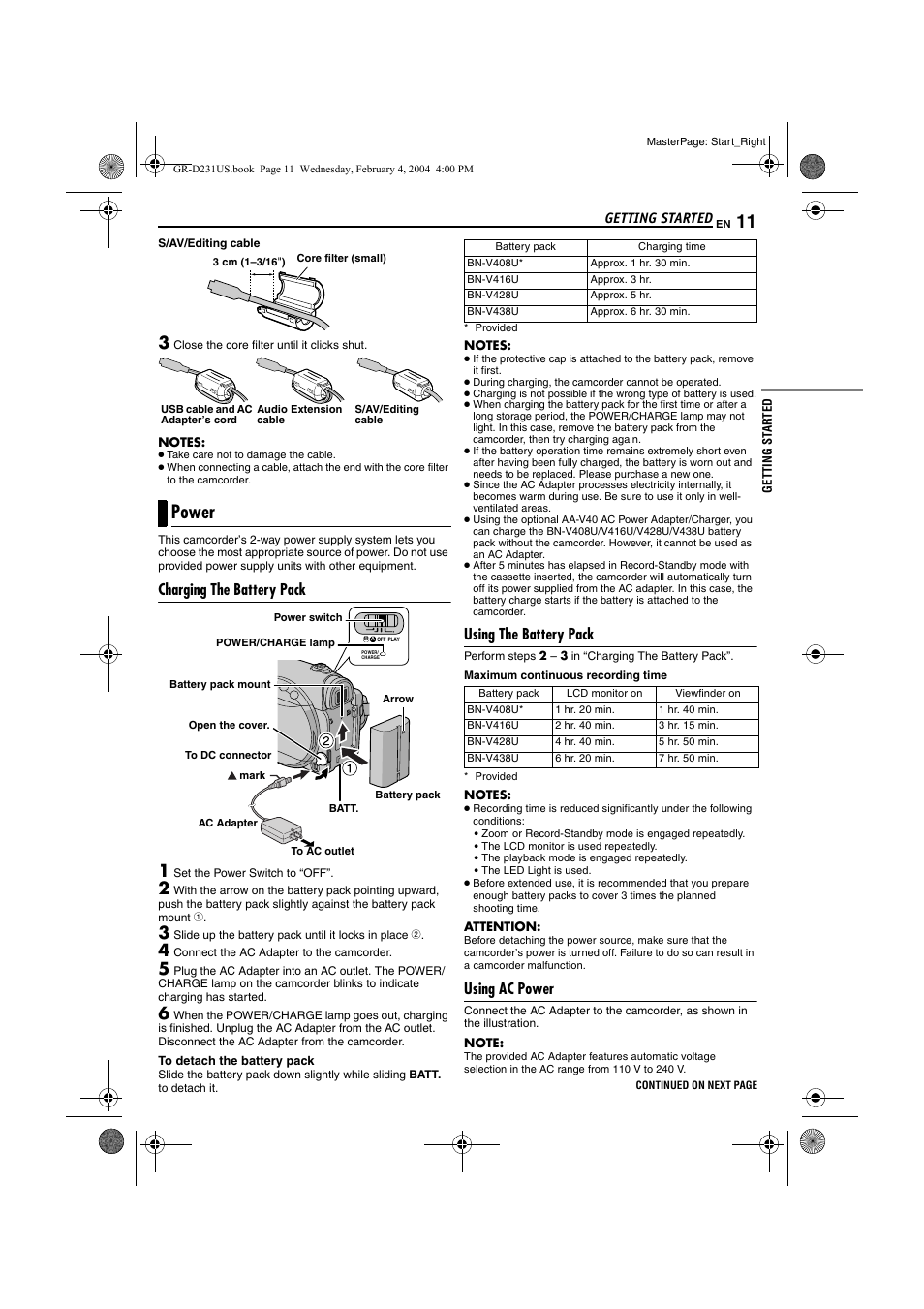 Power, Charging the battery pack, Using the battery pack | Using ac power, Pg. 11), Pg. 11, 1 | JVC GR-D231  EN User Manual | Page 11 / 52