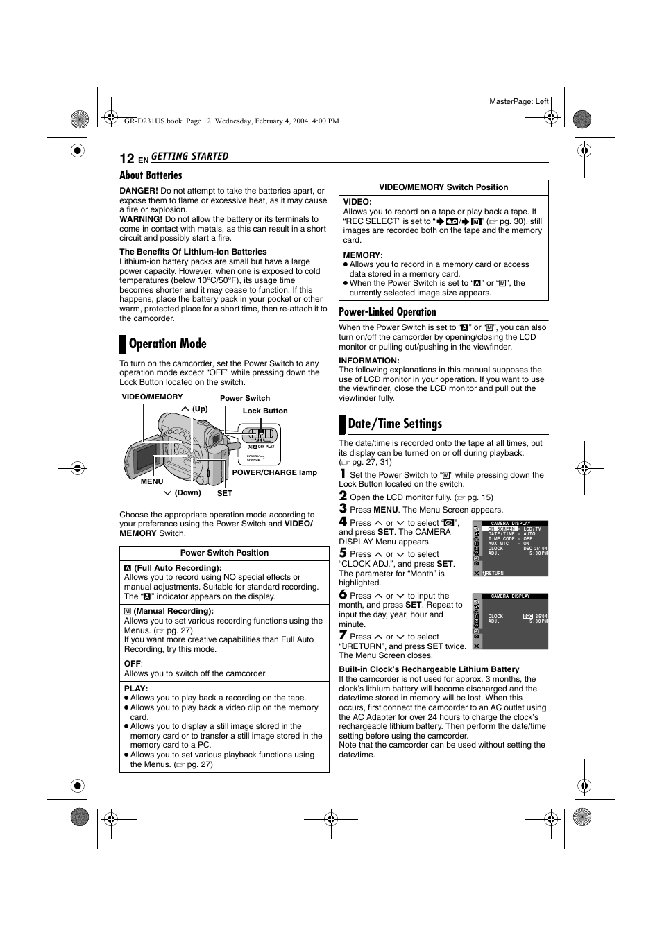 About batteries, Operation mode, Power-linked operation | Date/time settings, Operation mode date/time settings, Pg. 12), Getting started, Open the lcd monitor fully. ( ੬ pg. 15), Press menu . the menu screen appears | JVC GR-D231  EN User Manual | Page 12 / 52