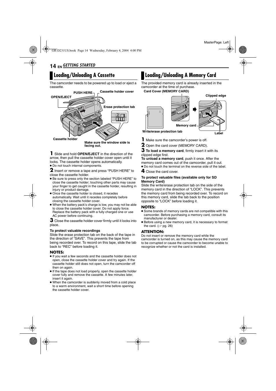Loading/unloading a cassette, Loading/unloading a memory card, Pg. 14) | JVC GR-D231  EN User Manual | Page 14 / 52