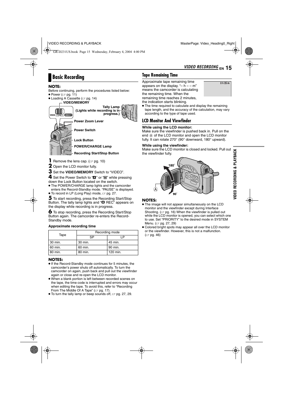 Video recording, Basic recording, Tape remaining time | Lcd monitor and viewfinder, Video recording & playback, Tape remaining time lcd monitor and viewfinder, Pg. 15), Pg. 15, Pg. 15, 16) | JVC GR-D231  EN User Manual | Page 15 / 52