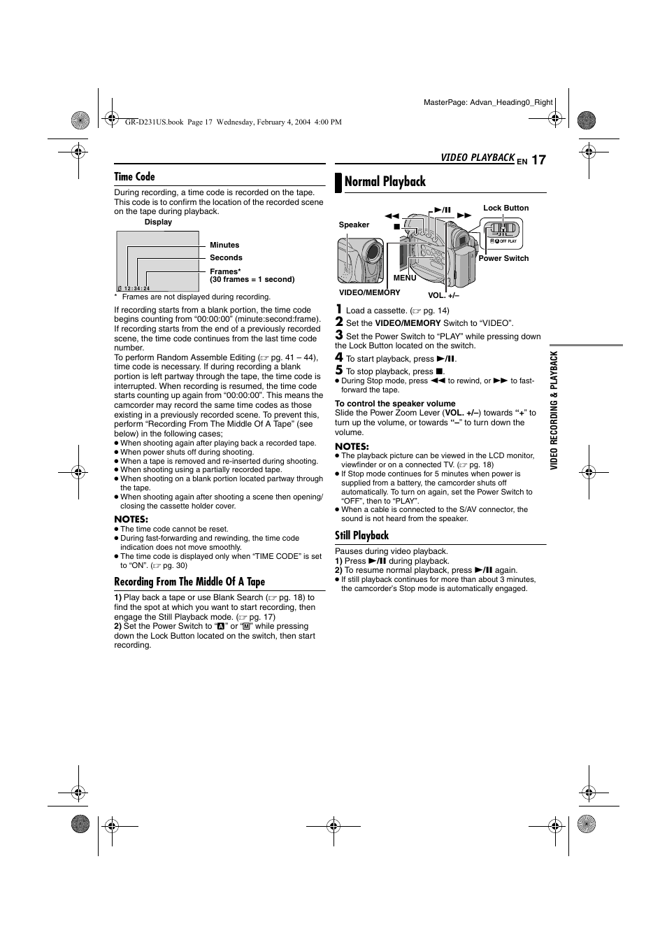 Time code, Recording from the middle of a tape, Video playback | Normal playback, Still playback, Time code recording from the middle of a tape, Pg. 17) | JVC GR-D231  EN User Manual | Page 17 / 52