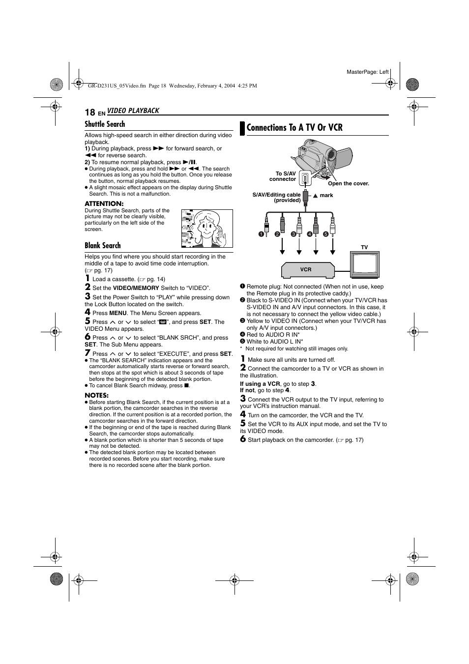Shuttle search, Blank search, Connections to a tv or vcr | Shuttle search blank search, Pg. 18, Pg. 18), Pg. 18) t | JVC GR-D231  EN User Manual | Page 18 / 52