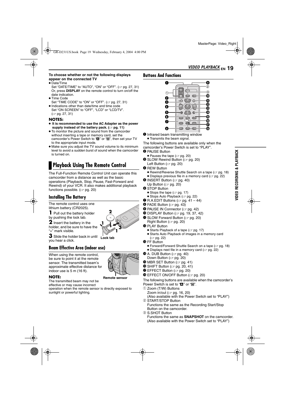 Playback using the remote control, Installing the battery, Beam effective area (indoor use) | Buttons and functions, Pg. 19) | JVC GR-D231  EN User Manual | Page 19 / 52