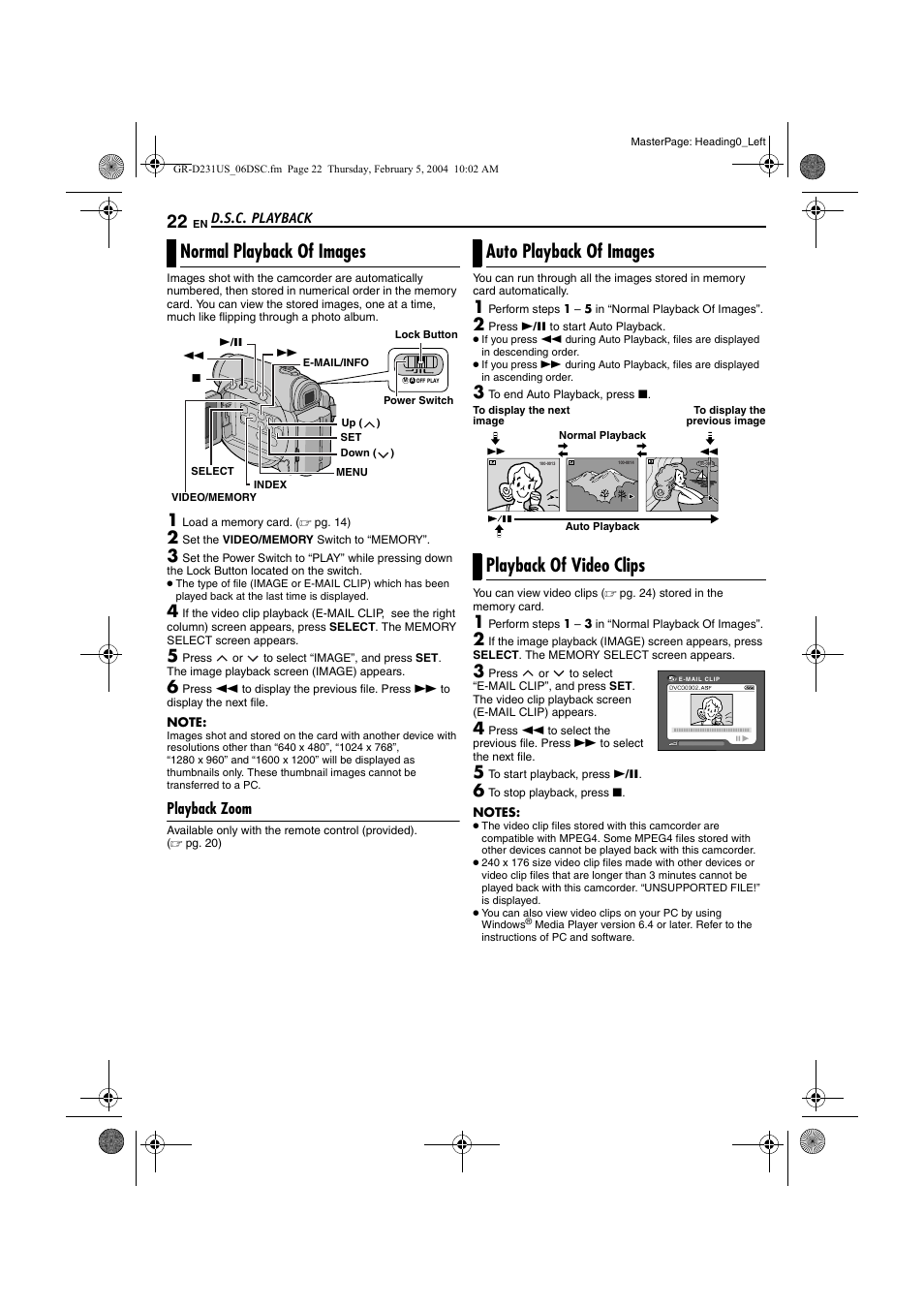 D.s.c. playback, Normal playback of images, Playback zoom | Auto playback of images, Playback of video clips, Pg. 22, Pg. 22) | JVC GR-D231  EN User Manual | Page 22 / 52