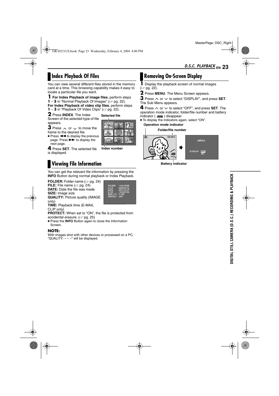 Index playback of files, Viewing file information, Removing on-screen display | Ndex, Pg. 23), Info, R (੬ pg. 23), Index playback of files viewing file information, D.s.c. playback | JVC GR-D231  EN User Manual | Page 23 / 52