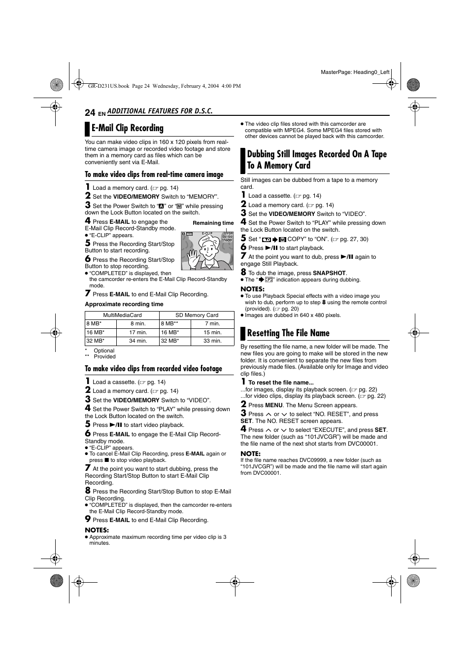 Additional features for d.s.c, E-mail clip recording, To make video clips from real-time camera image | To make video clips from recorded video footage, Resetting the file name, Pg. 24), Card | JVC GR-D231  EN User Manual | Page 24 / 52