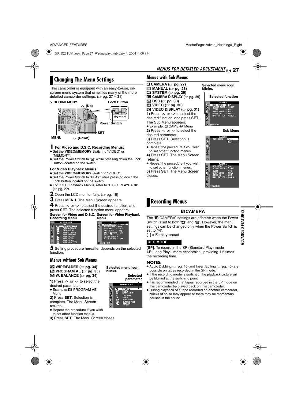 Menus for detailed adjustment, Changing the menu settings, Menus without sub menus | Menus with sub menus, Recording menus, Pg. 27, Advanced features, Pg. 27), Pg. 27, 31, Pg. 27, 29) | JVC GR-D231  EN User Manual | Page 27 / 52