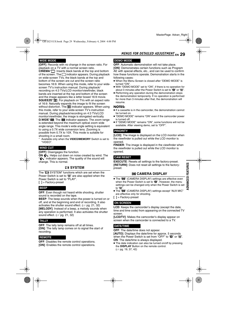 Pg. 29), Time, Pg. 29 | JVC GR-D231  EN User Manual | Page 29 / 52