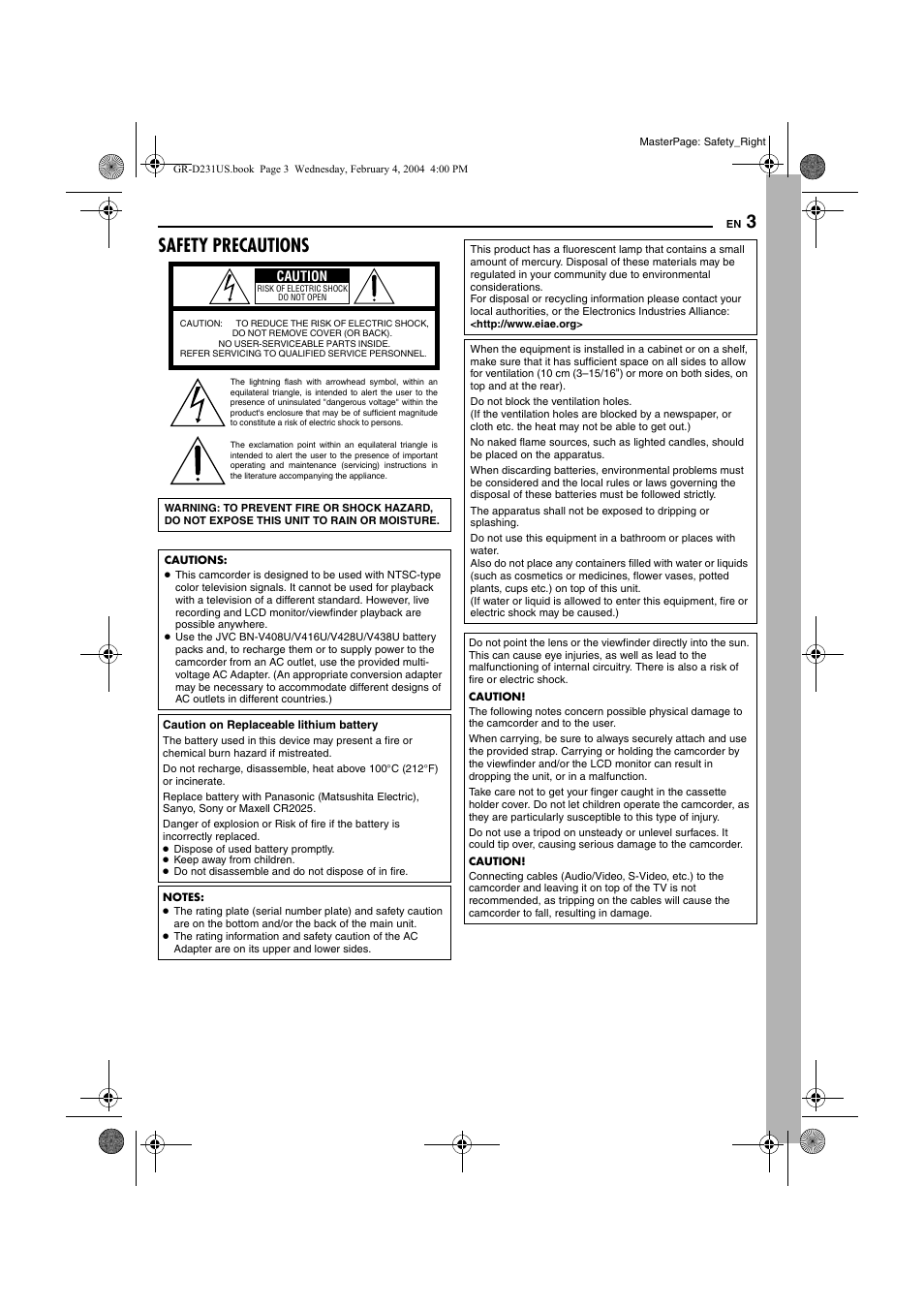 Safety precautions | JVC GR-D231  EN User Manual | Page 3 / 52