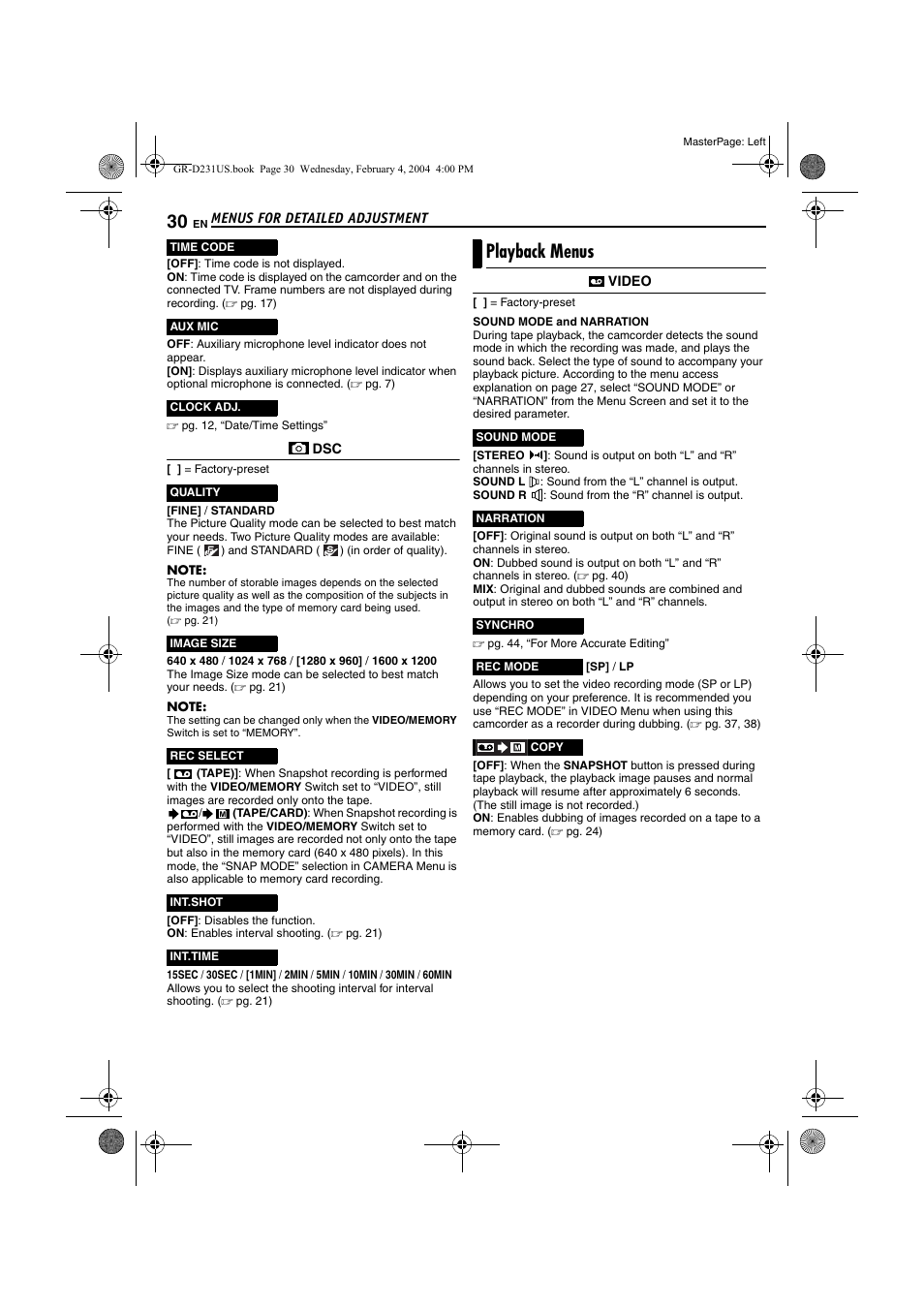 Playback menus, Pg. 30, 40), Pg. 30, “aux mic” ) | Pg. 30, Pg. 30), Pg. 30), st | JVC GR-D231  EN User Manual | Page 30 / 52