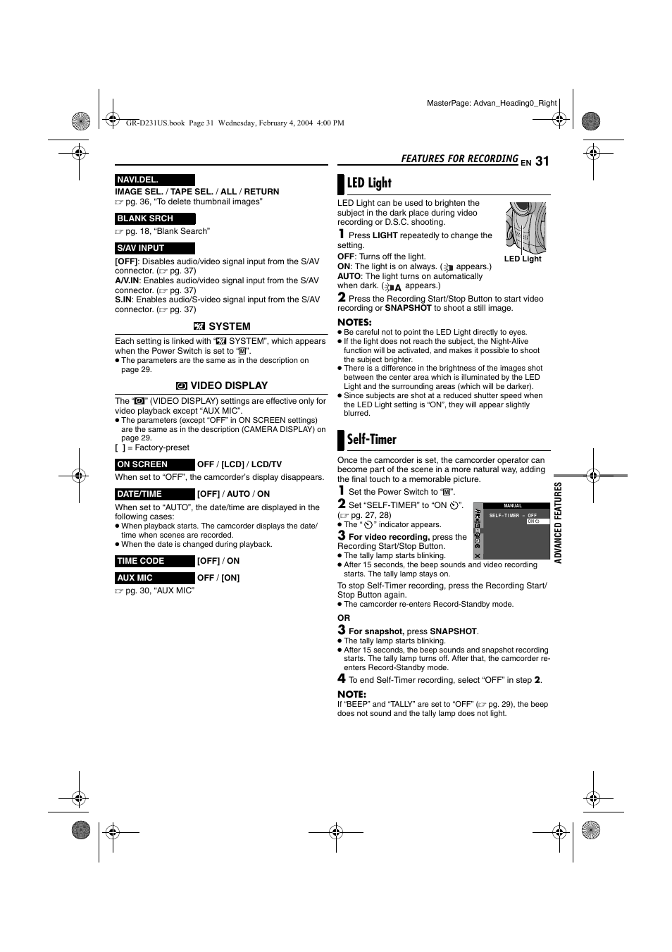 Features for recording, Led light, Self-timer | Pg. 31), Pg. 31, “self-timer, Led light self-timer, System, Video display | JVC GR-D231  EN User Manual | Page 31 / 52