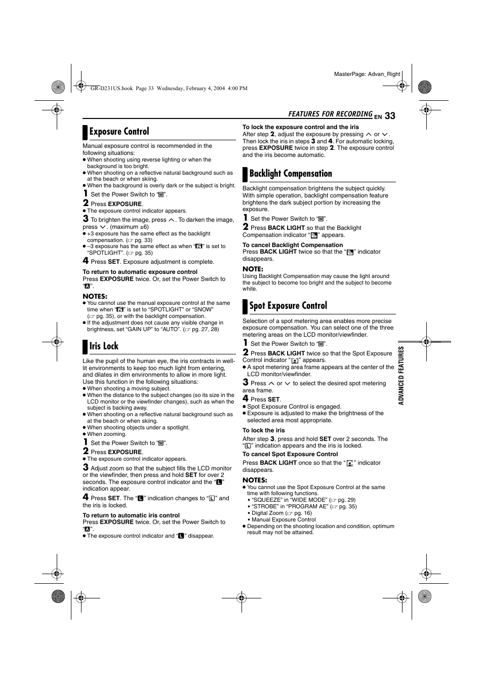 Exposure control, Iris lock, Backlight compensation | Spot exposure control, Klight, Pg. 33), Pg. 33, spot exposure control) | JVC GR-D231  EN User Manual | Page 33 / 52