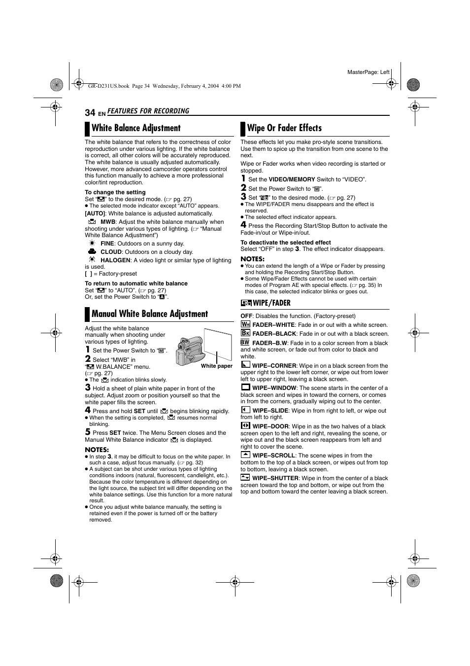 White balance adjustment, Manual white balance adjustment, Wipe or fader effects | Wipe/fader, Pg. 34) | JVC GR-D231  EN User Manual | Page 34 / 52